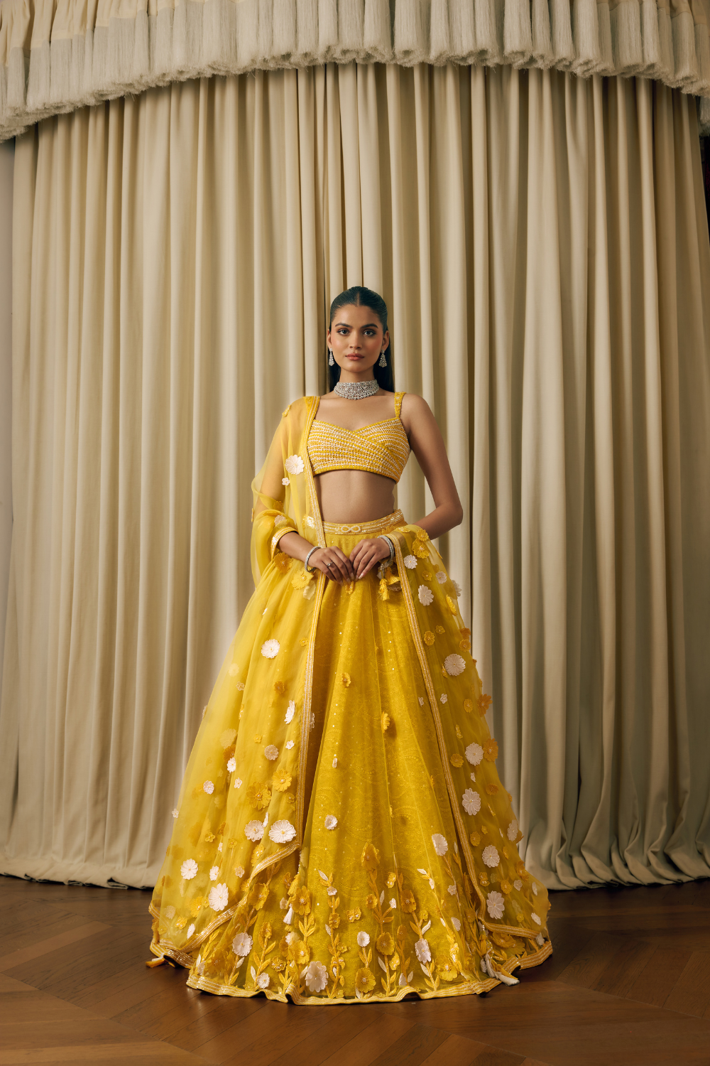 Hand embroidered 3D flower lehenga