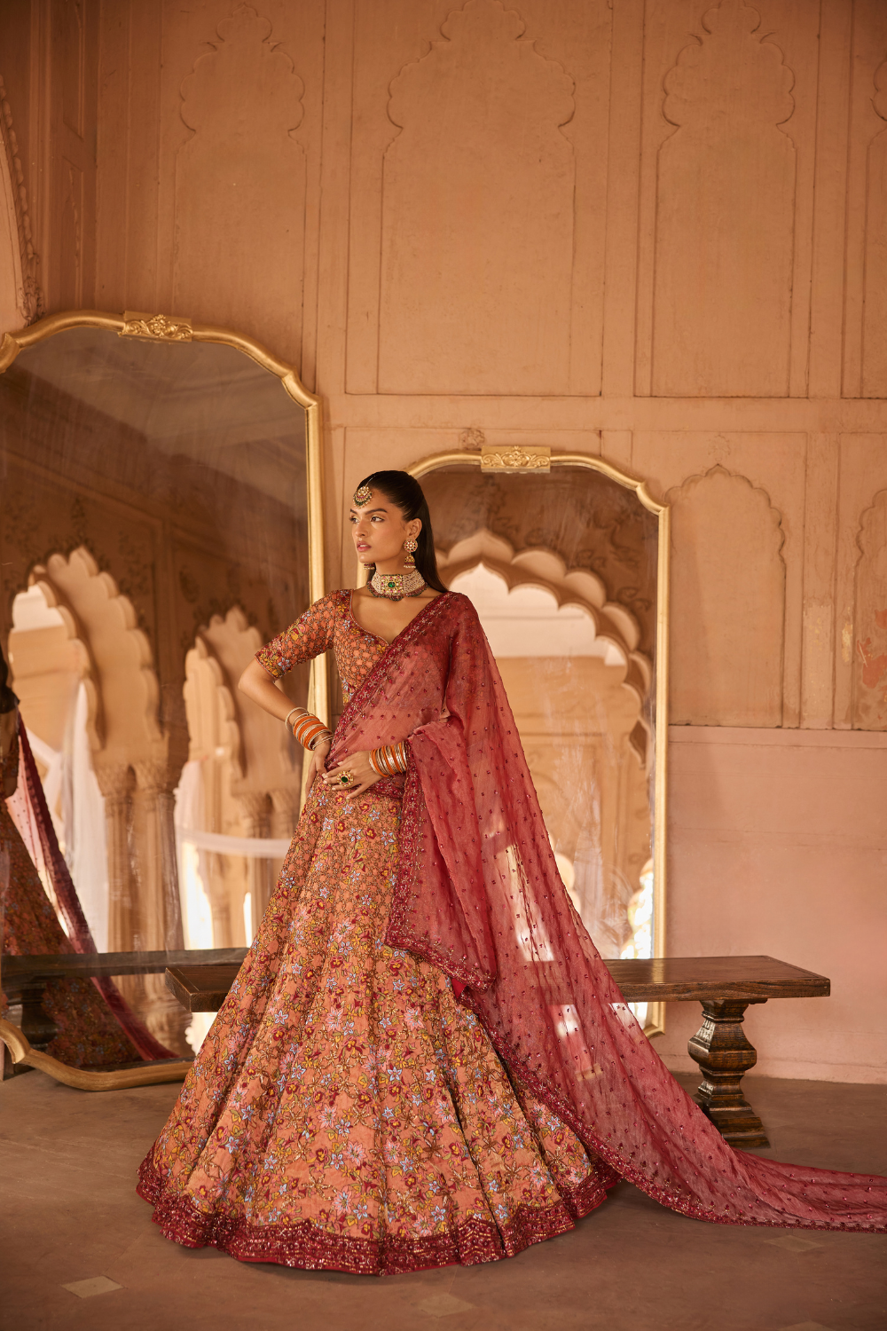 Rust, Deep Red, Hand embroidery, Tissue, Lehenga Set