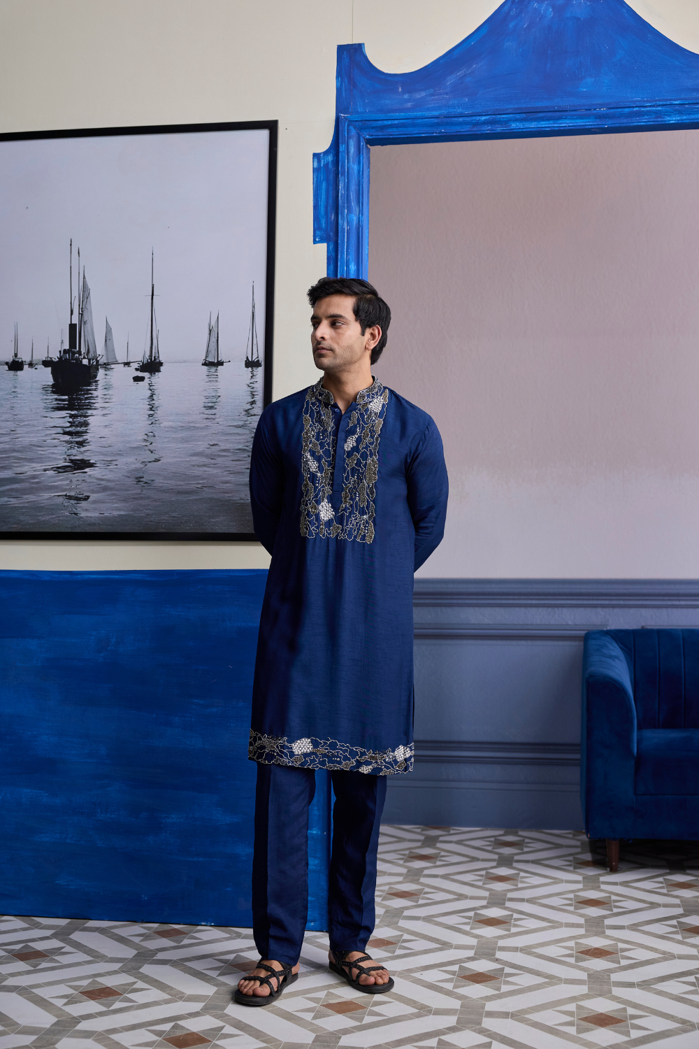 Dark Blue Abstract Embroidered Kurta with Solid Pants