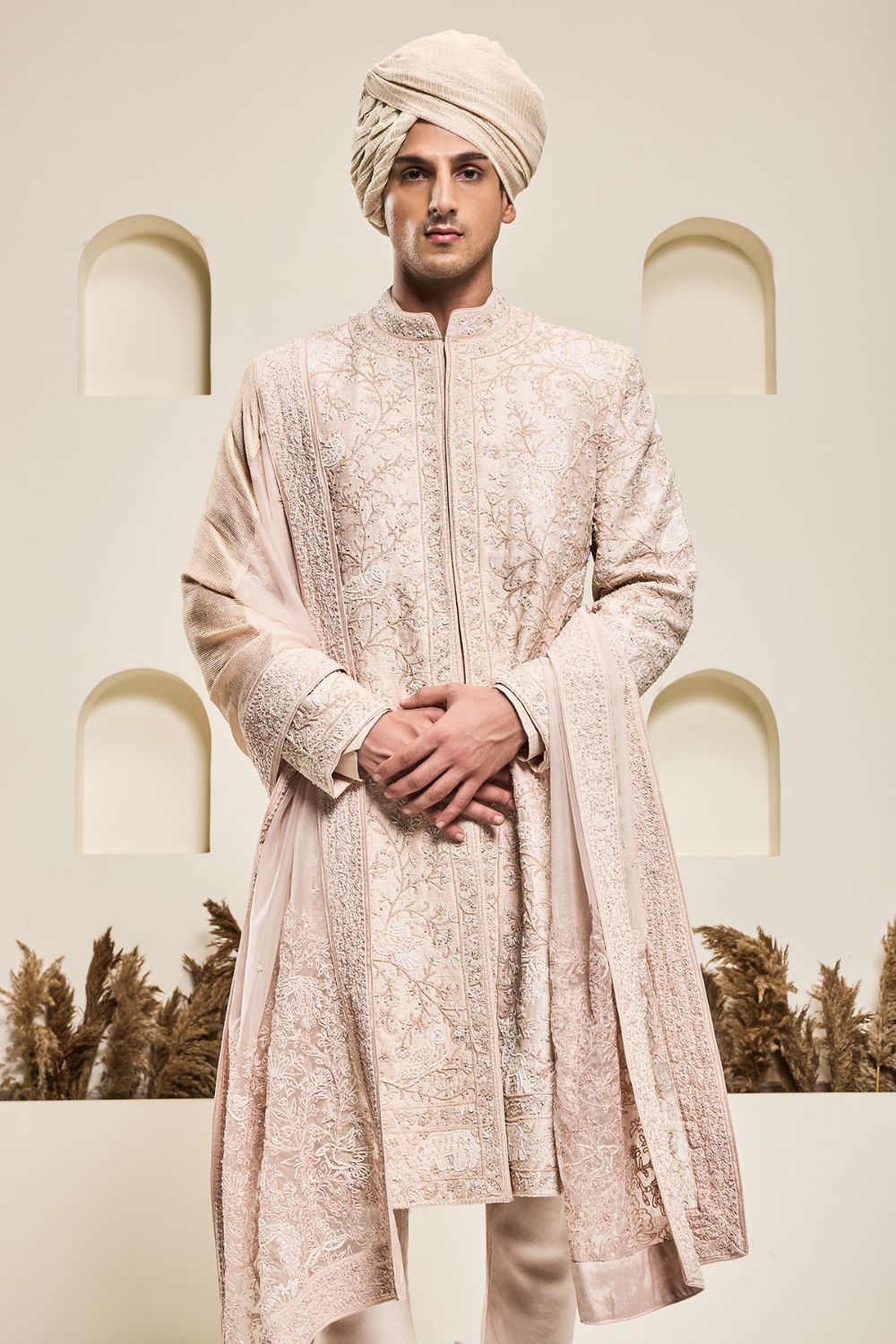 Dusty rose sherwani with pearl and thread work