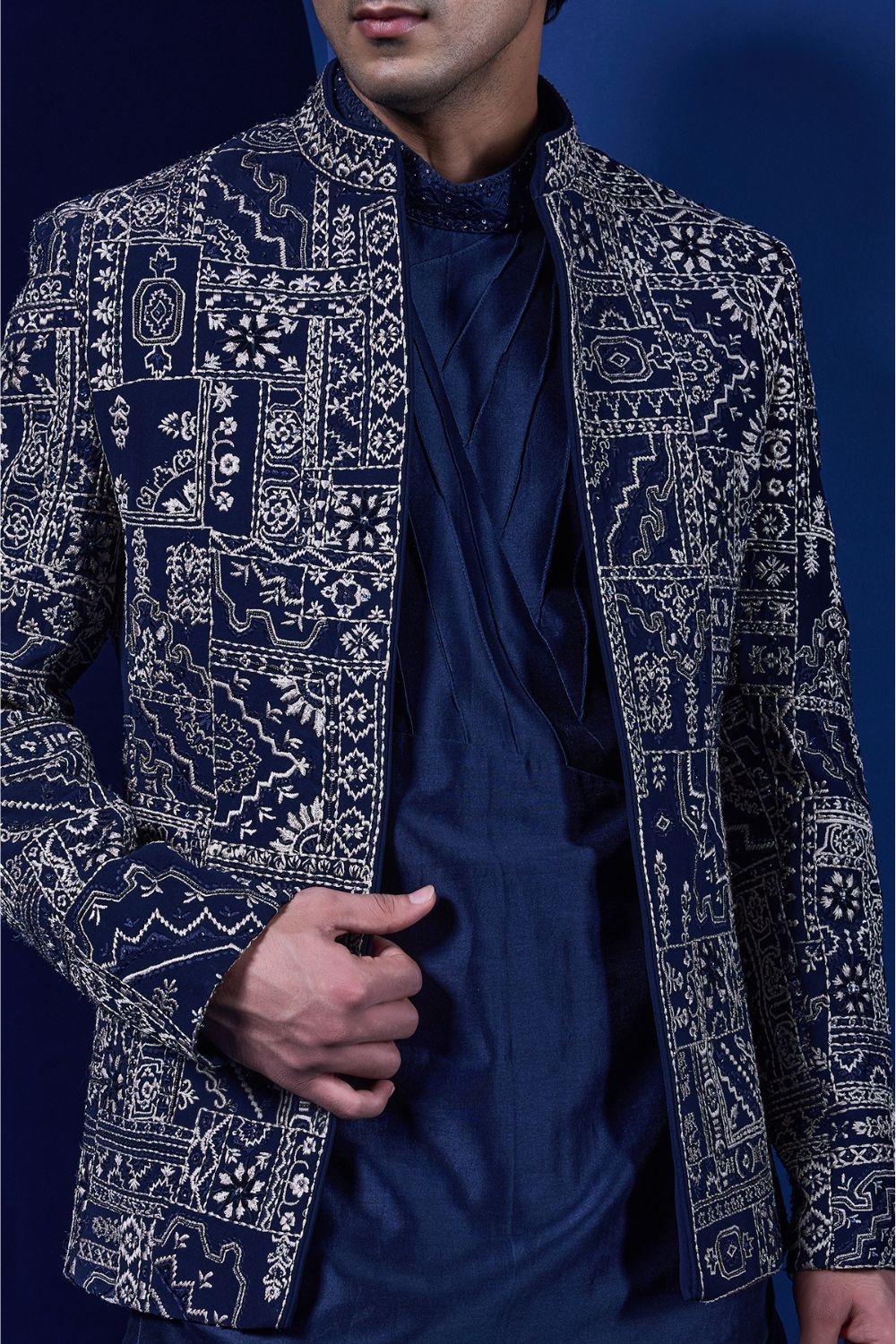 Navy Blue open bandhgala   with thread,sequins & pearl  work