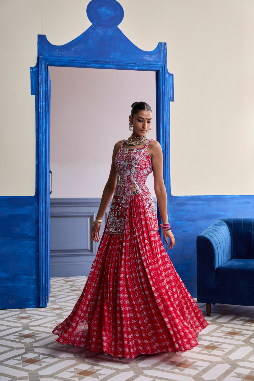 Red Floral Slit Kurti with Lehenga Set