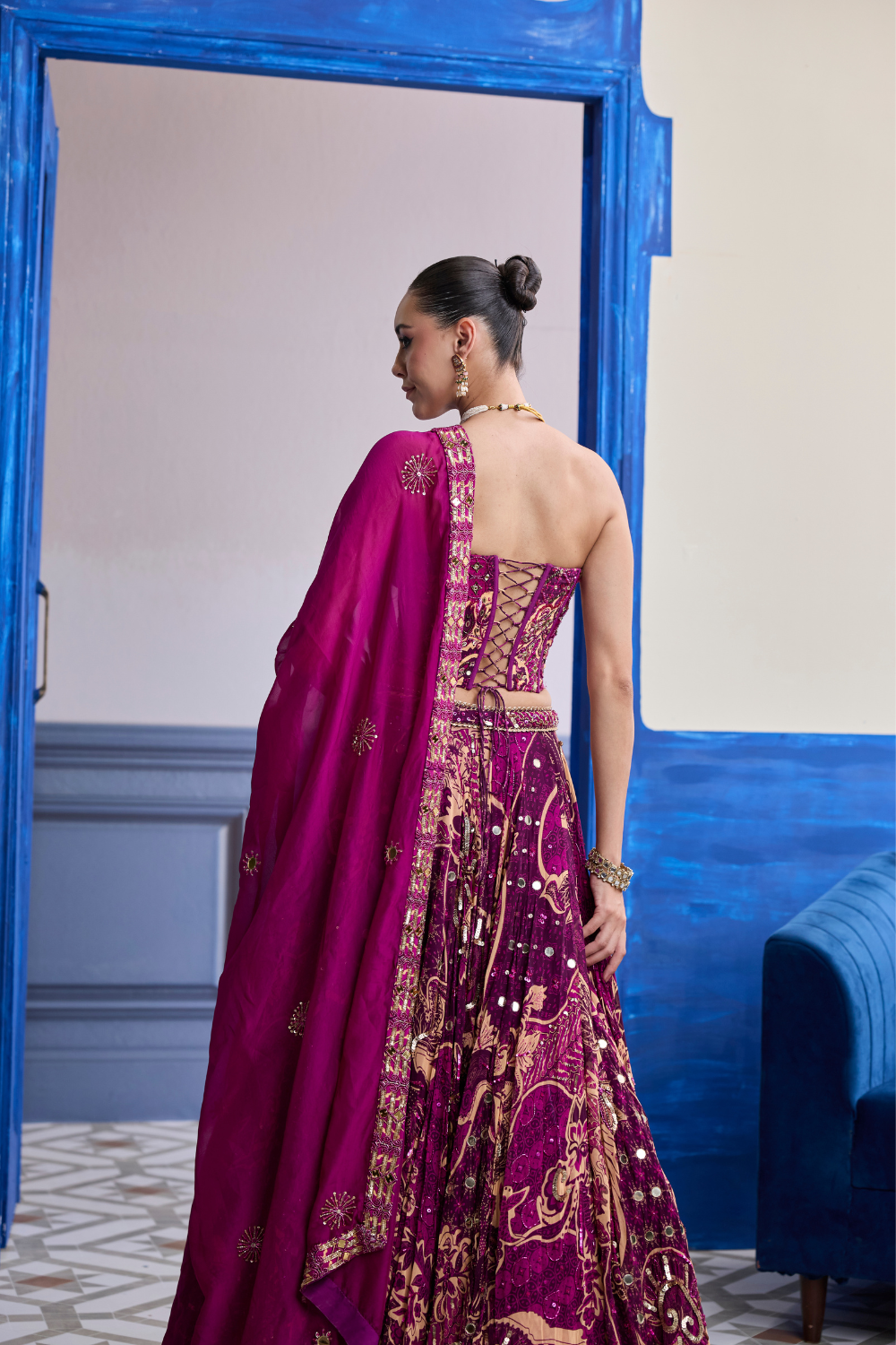 Magenta Highlighted Corset with Lehenga & Embroidered Dupatta Set