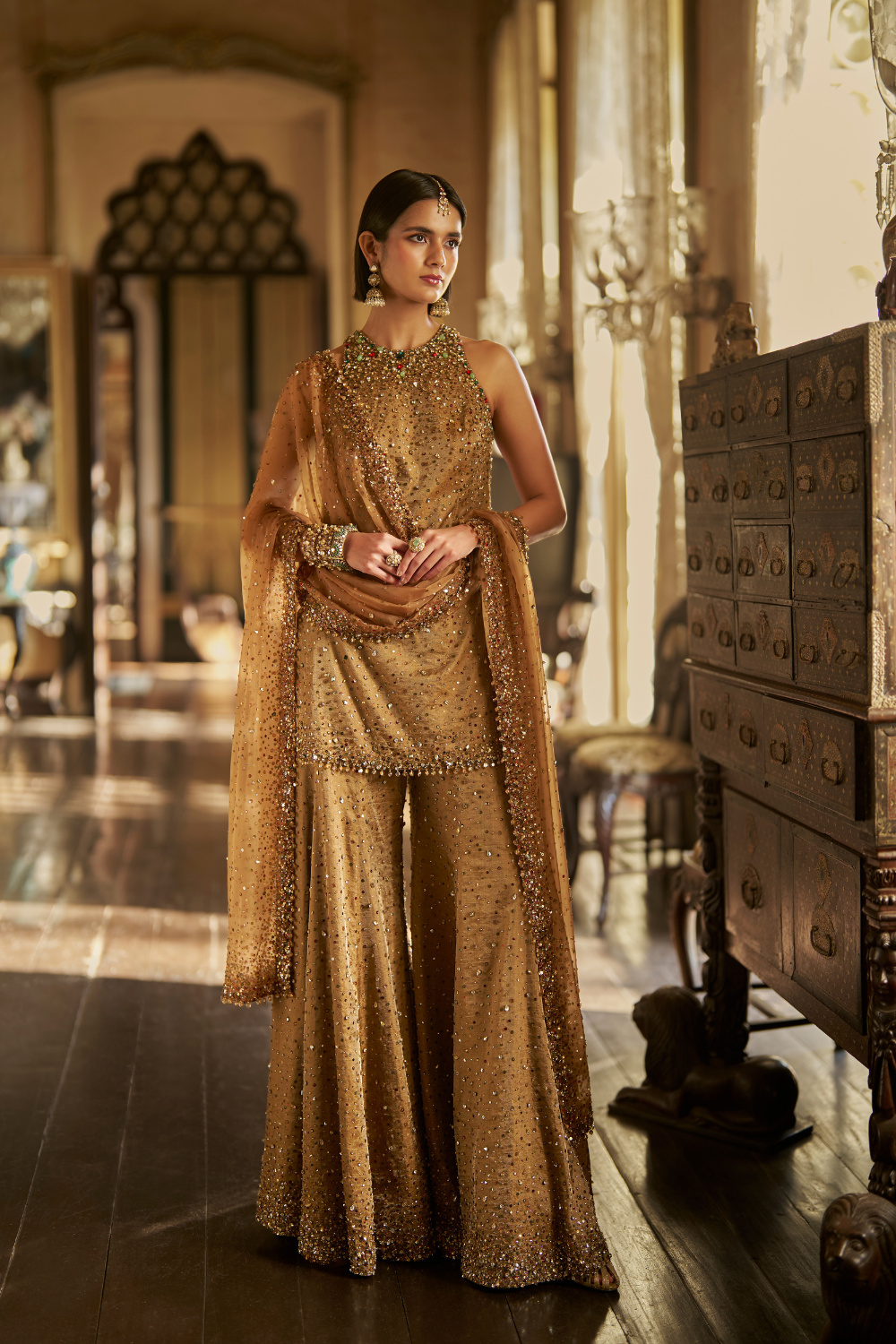 Gold Jewelled Sharara Set