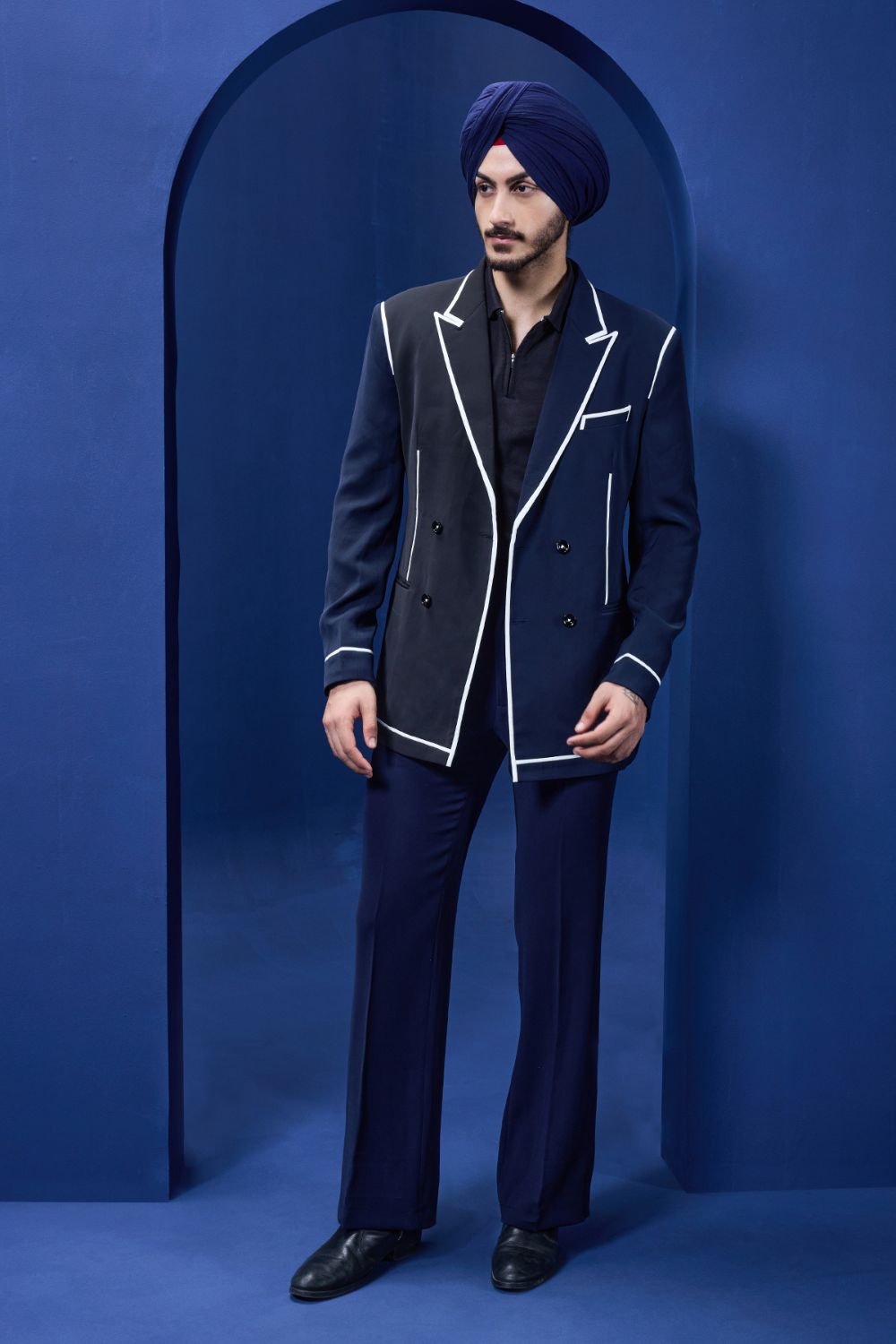 Navy blue and black dual colour blazer detailing with white taping