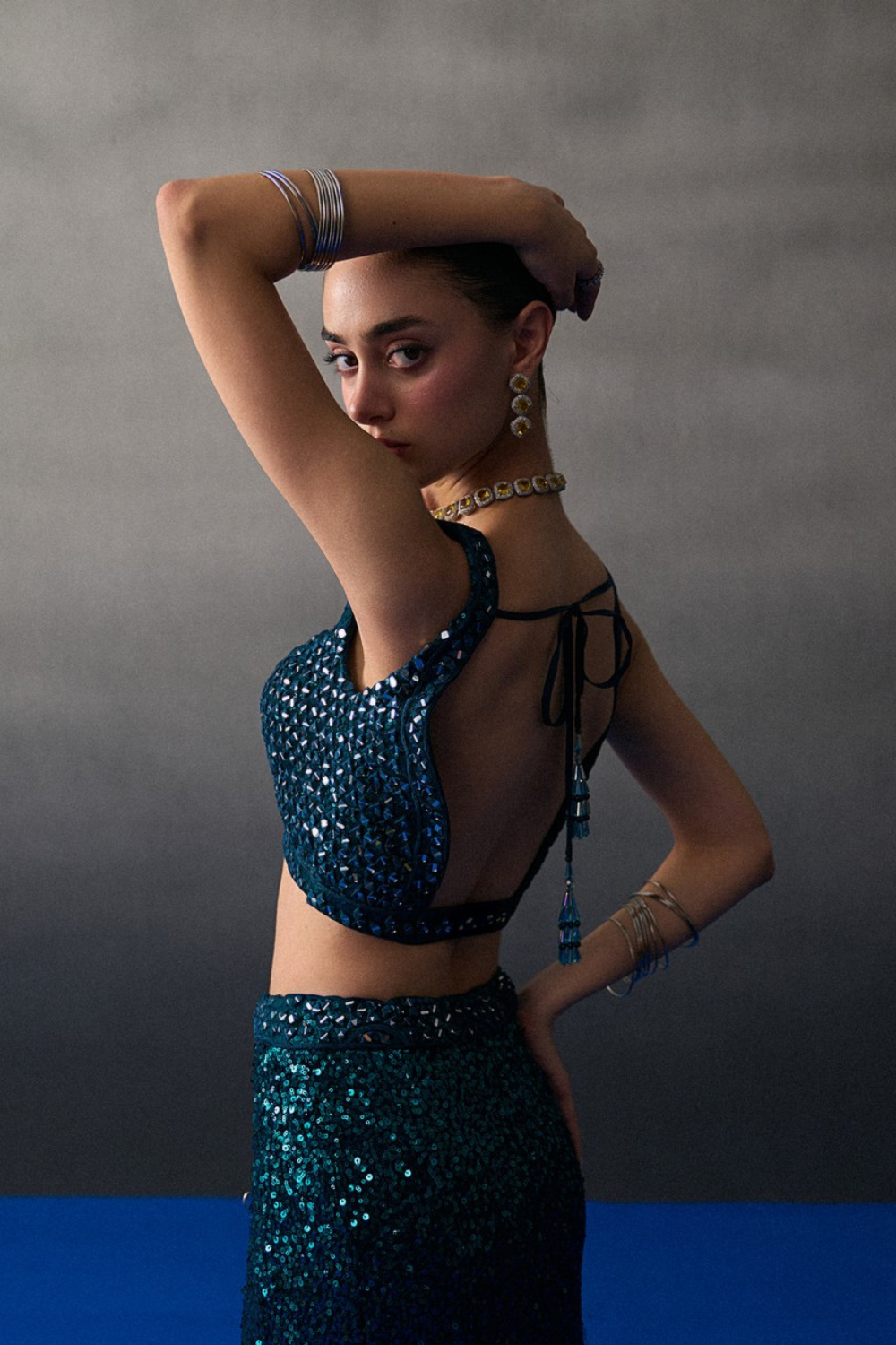 Emerald Green Satin Skirt Set