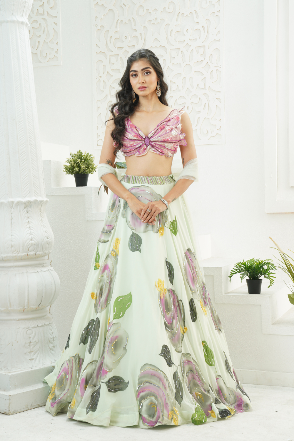 Mint Green hand painted lehenga and Butterfly blouse set