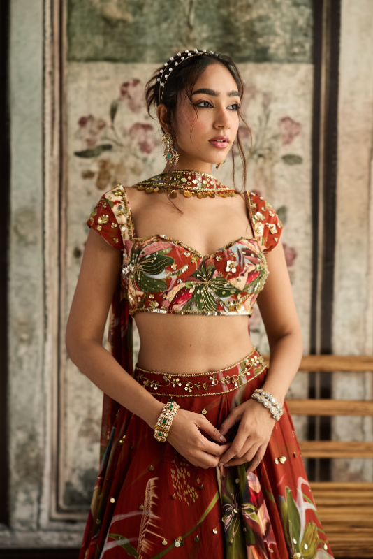 RUST FLORAL PRINT AND HIGHLIGHTED LEHENGA SET