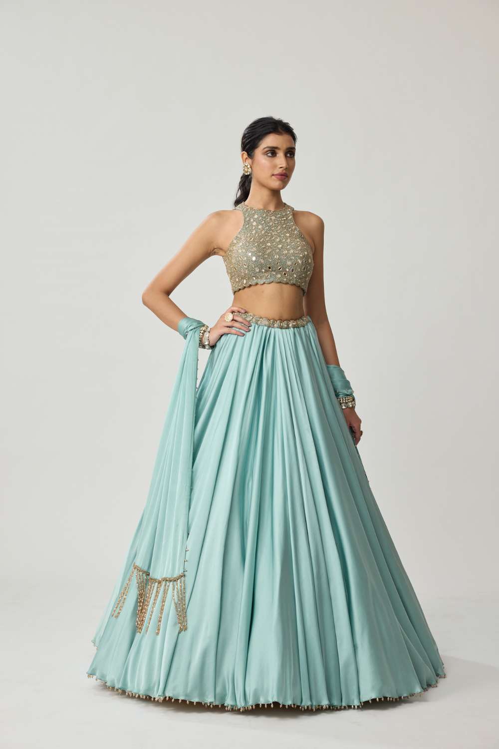 Powder Blue Mirror Satin Lehenga Set