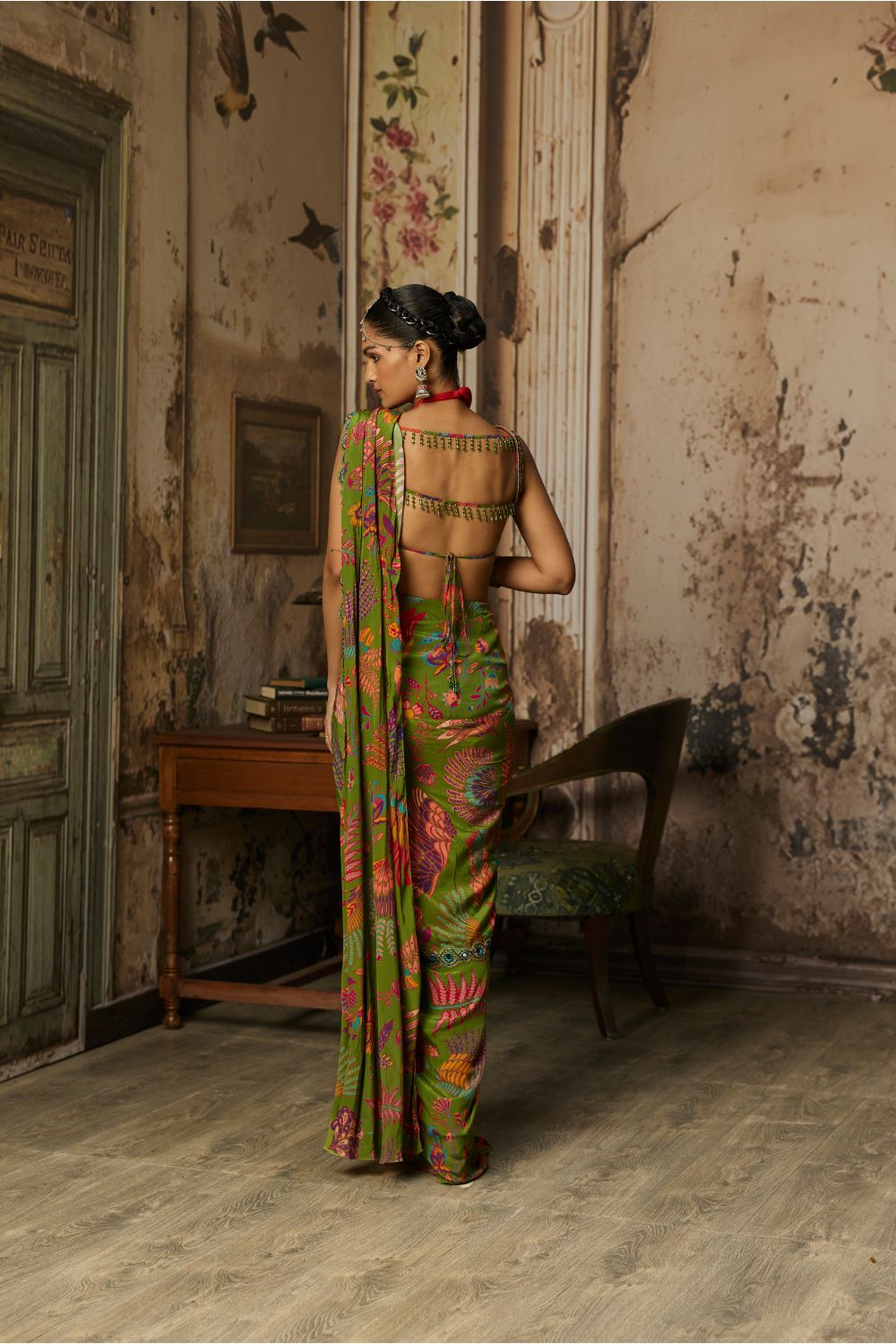 PEAR GREEN PRINTED AND HIGHLIGHTED DHOTI SKIRT SAREE SET