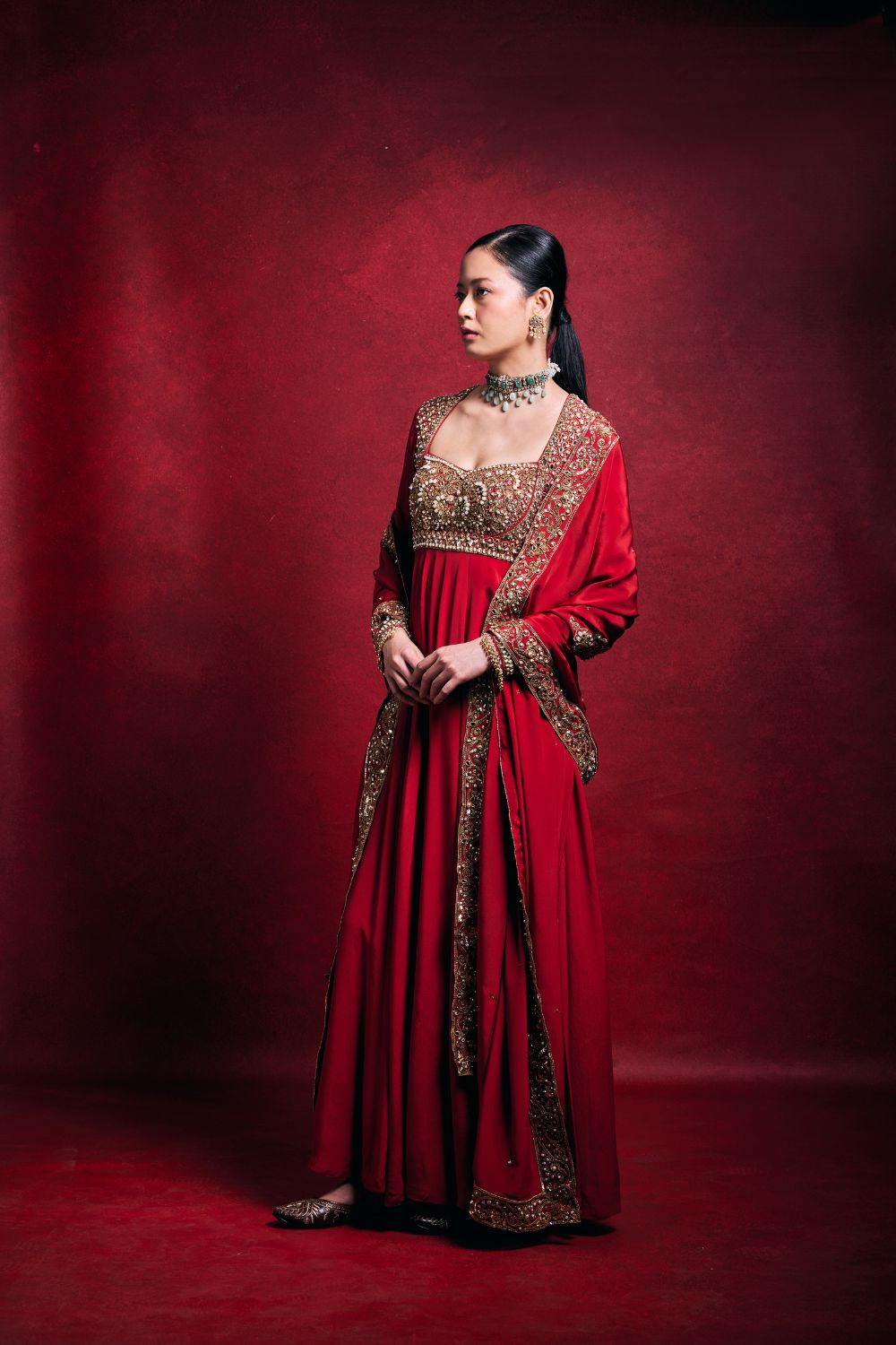 RED CREPE ANARKALI SET
