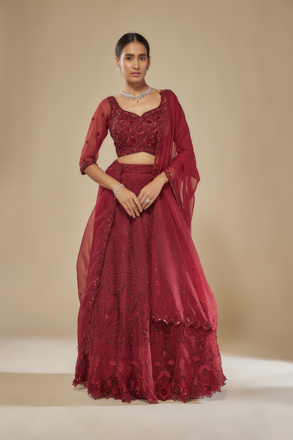 RED EMBROIDERED LEHENGA CHOLI DUPATTA SET