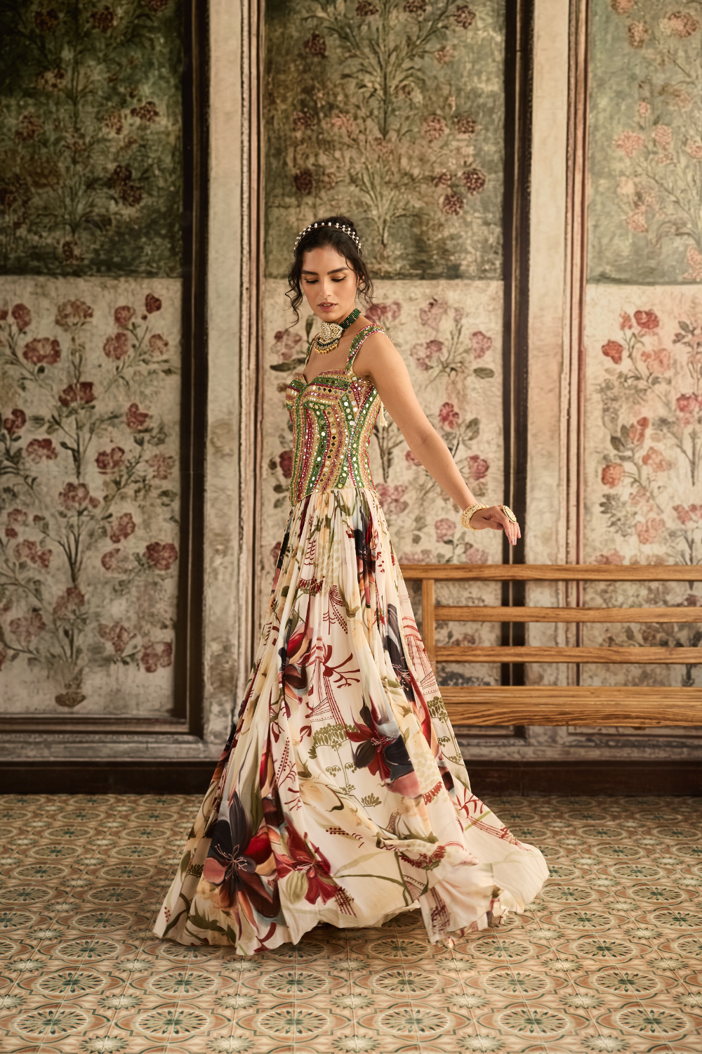 IVORY FLORAL PRINTED LEHENGA SET