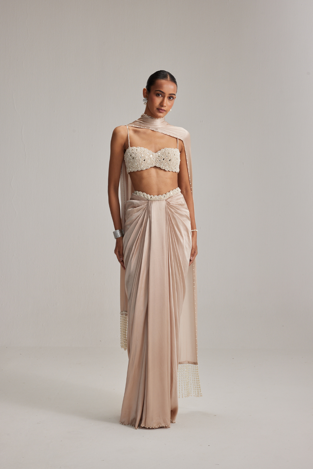 Light Beige Satin draped skirt set