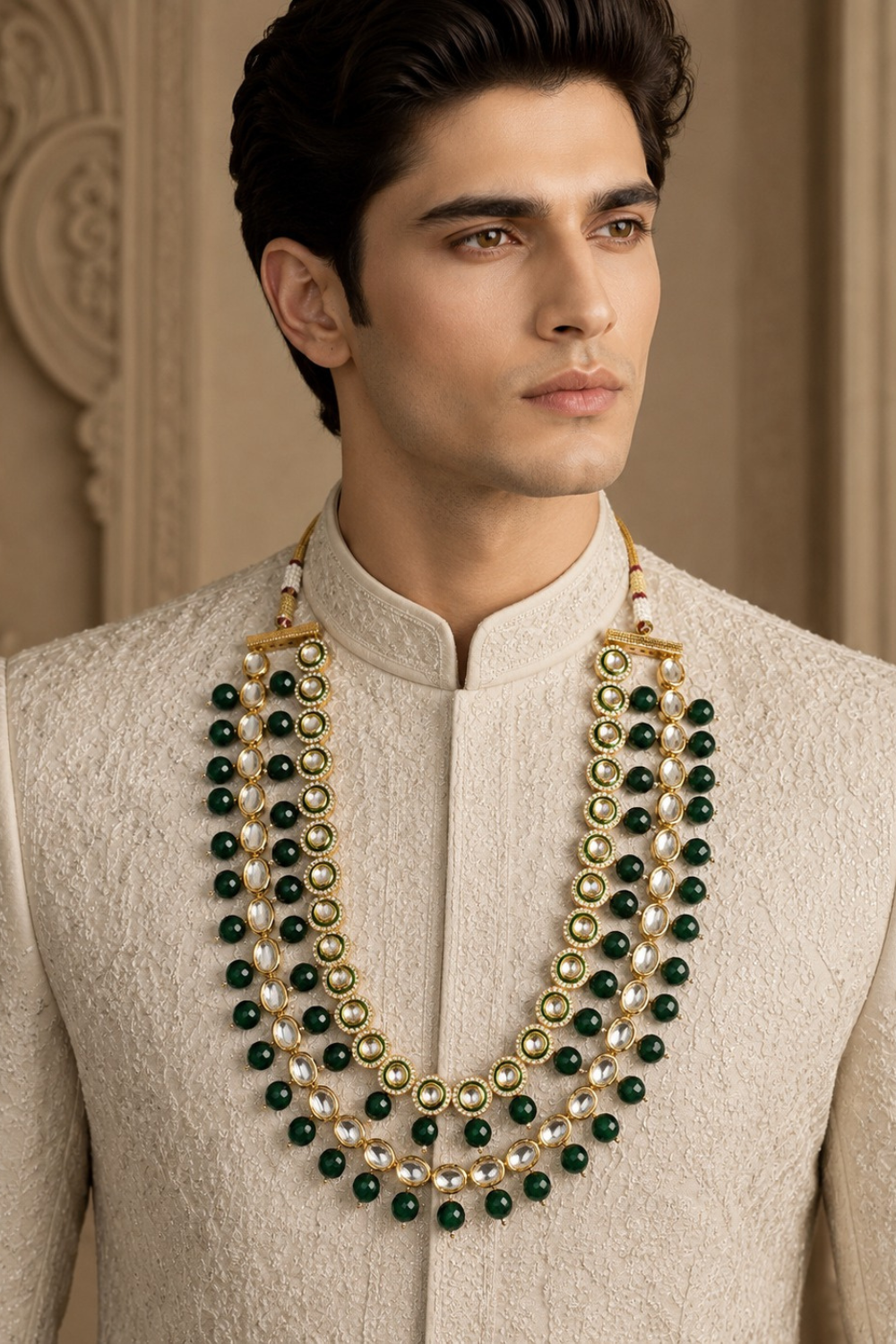 Gold Finish Kundan Polki & Green Beaded Layered Mala