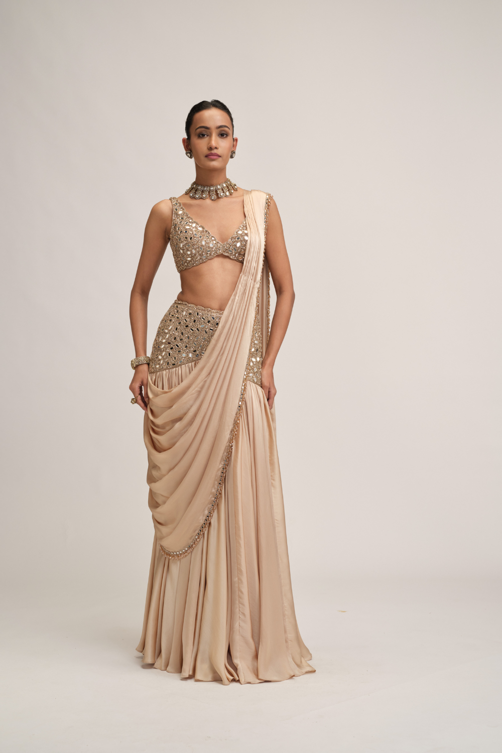 Light Beige Satin Draped Saree Set