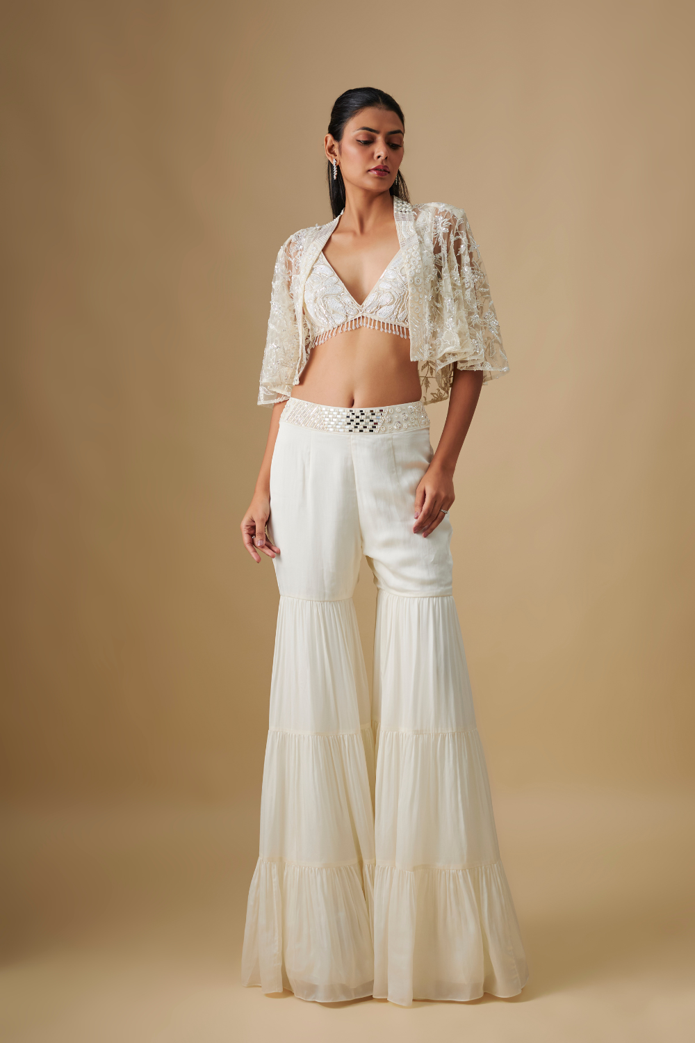 Seabryn- Ivory Sharara Mirror Blouse With Cape