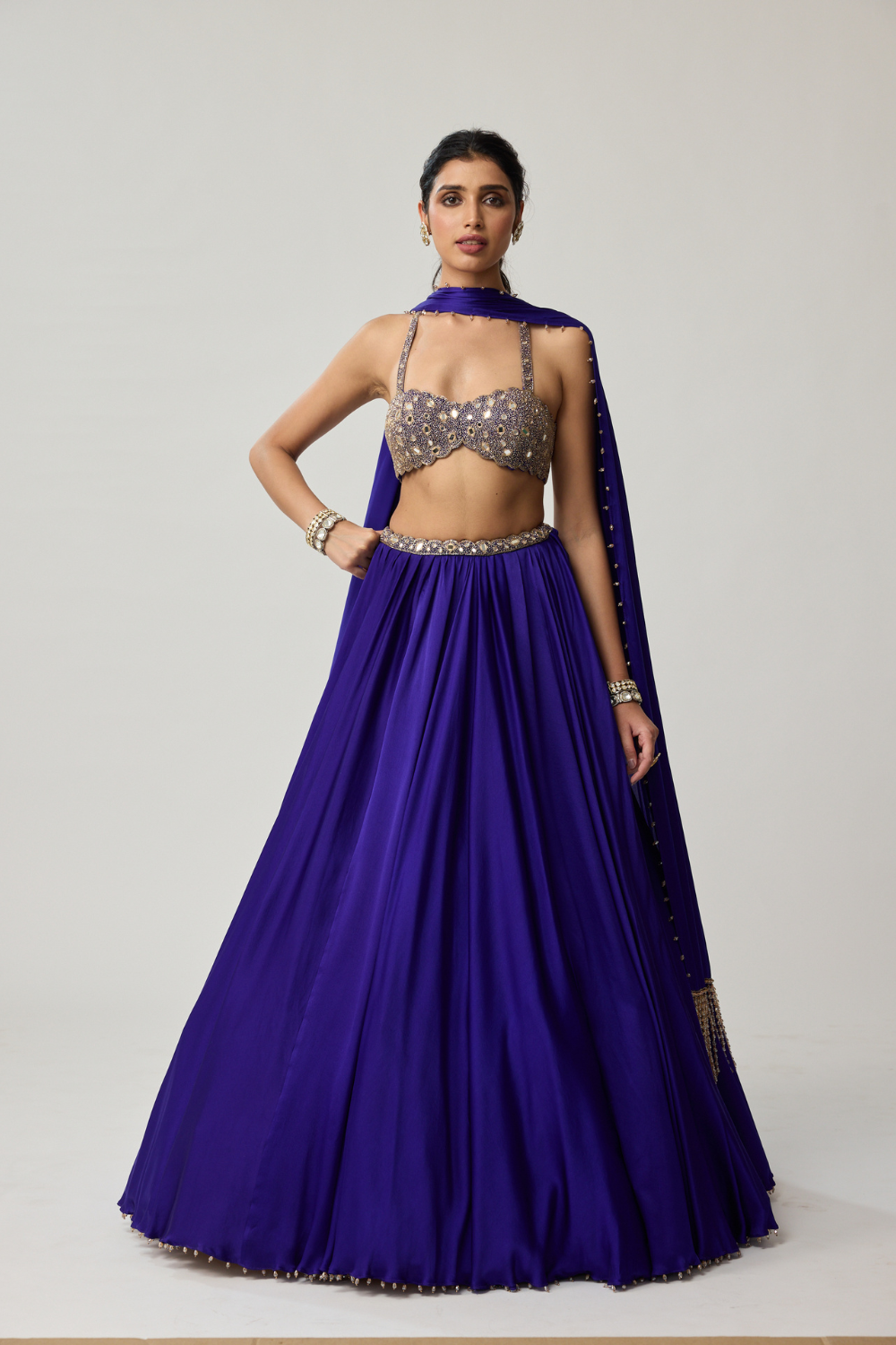 Persian Blue Mirror Satin Lehenga Set