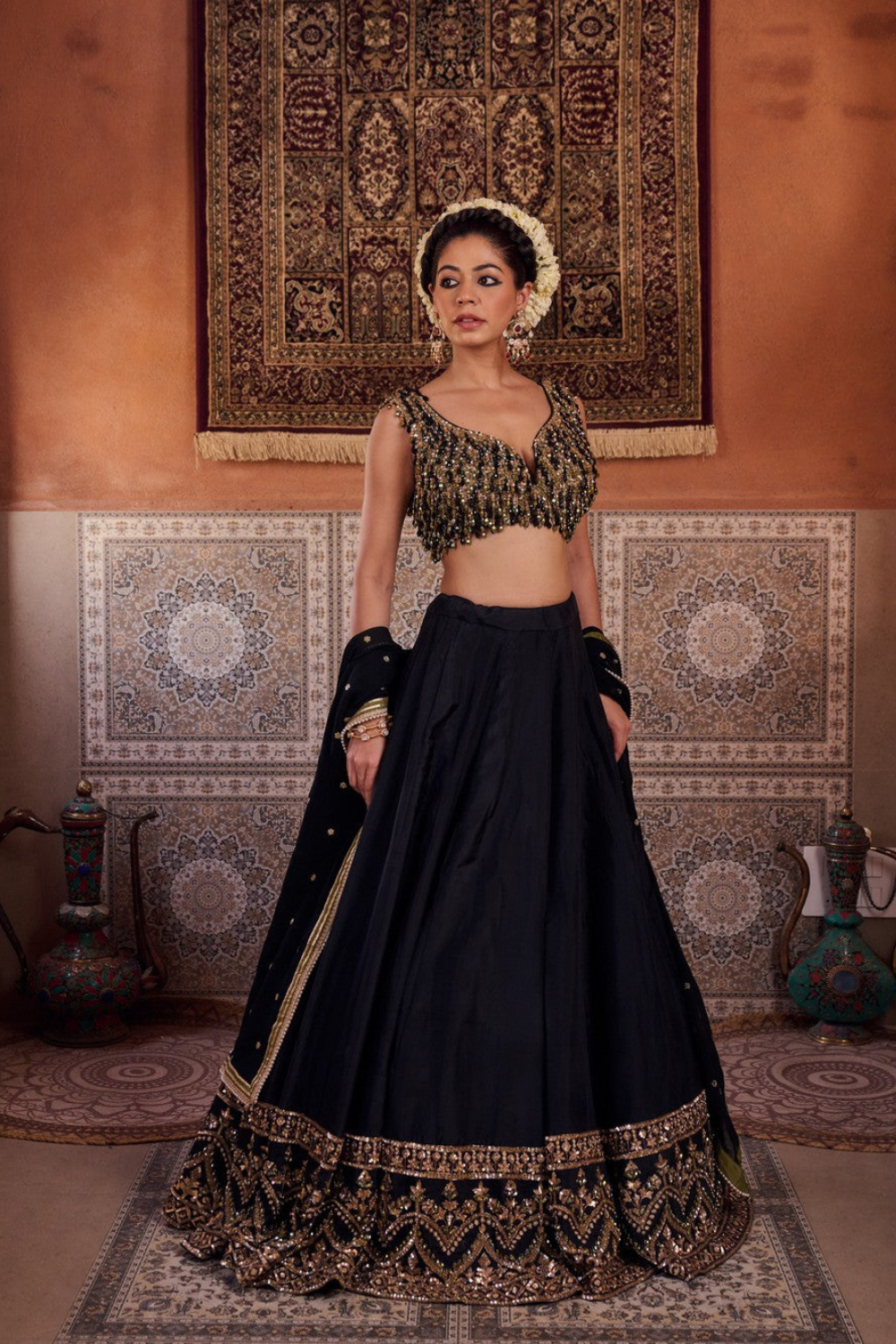 Black and mehendi green embellished blouse, lehenga and dupatta