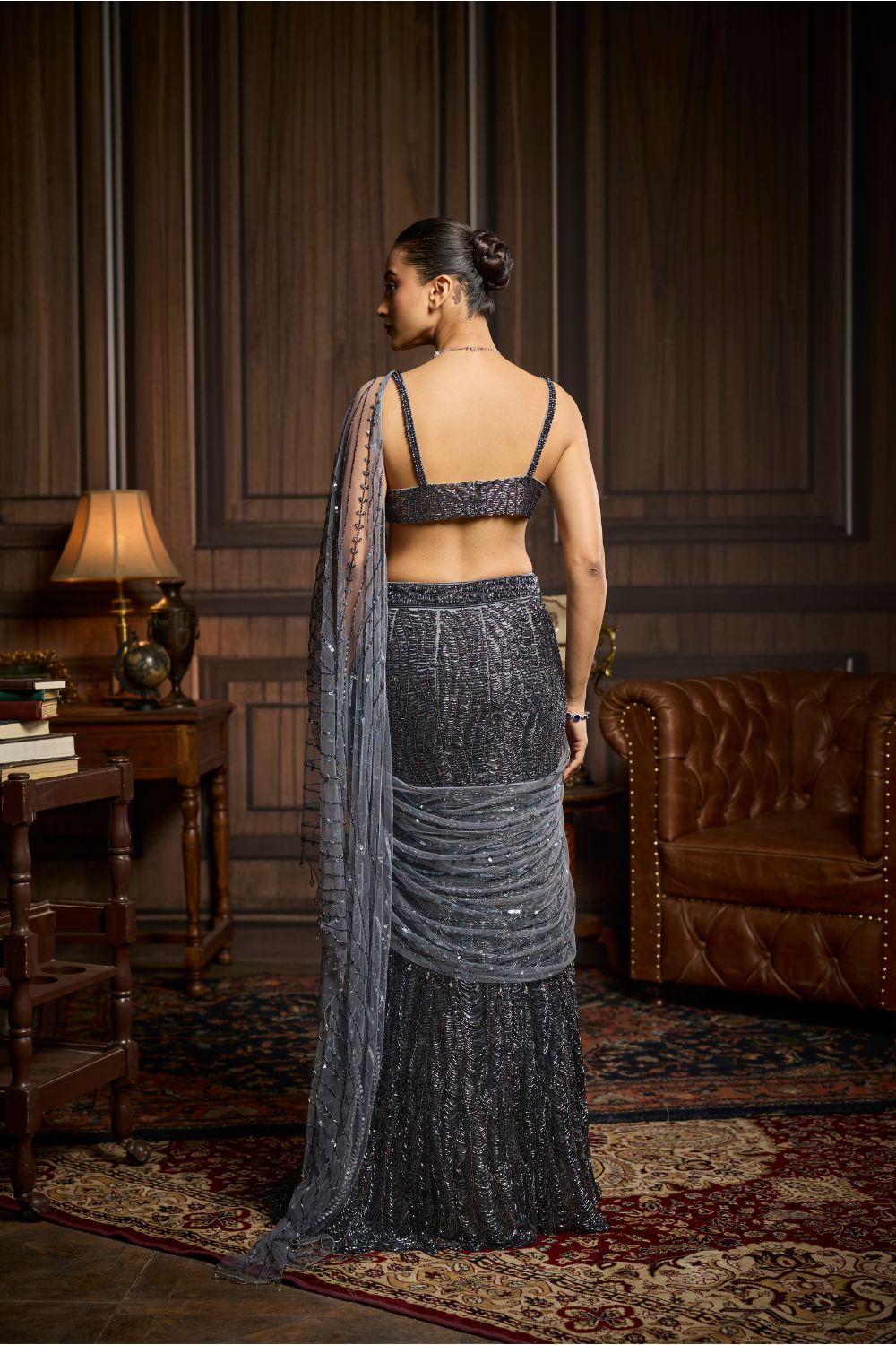 GUNMETAL EMBELLISHED PRE-DRAPED SKIRT SAREE SET