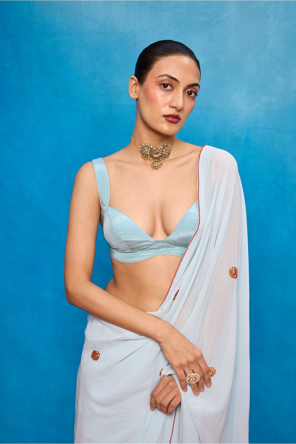 Handwoven Ice Blue Georgette Embroidered Saree