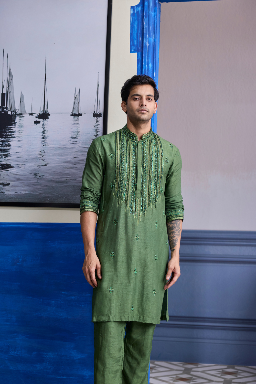 Sage Green Embroidered Kurta with Pants