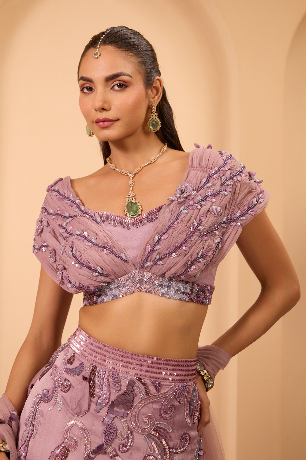 Hand Embroidred Rushed Blouse with Lehenga & Dupatta
