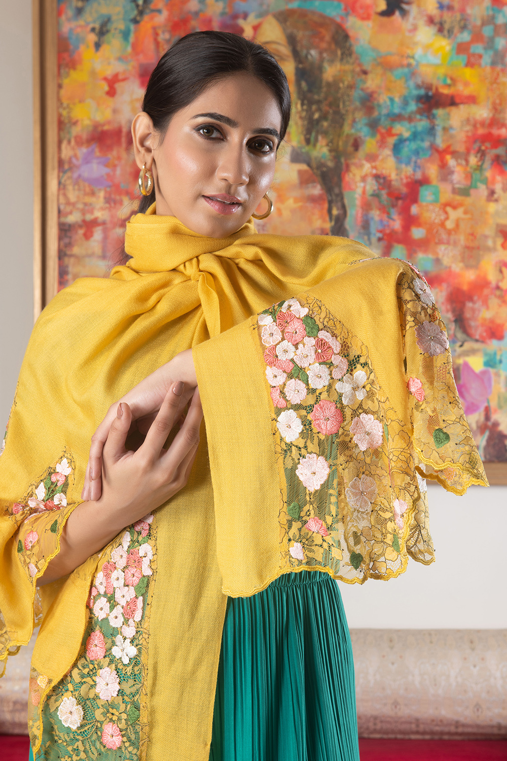 Cherry Blossom Flounce | Embroidered Wool Silk Stole – Spicy Mustard