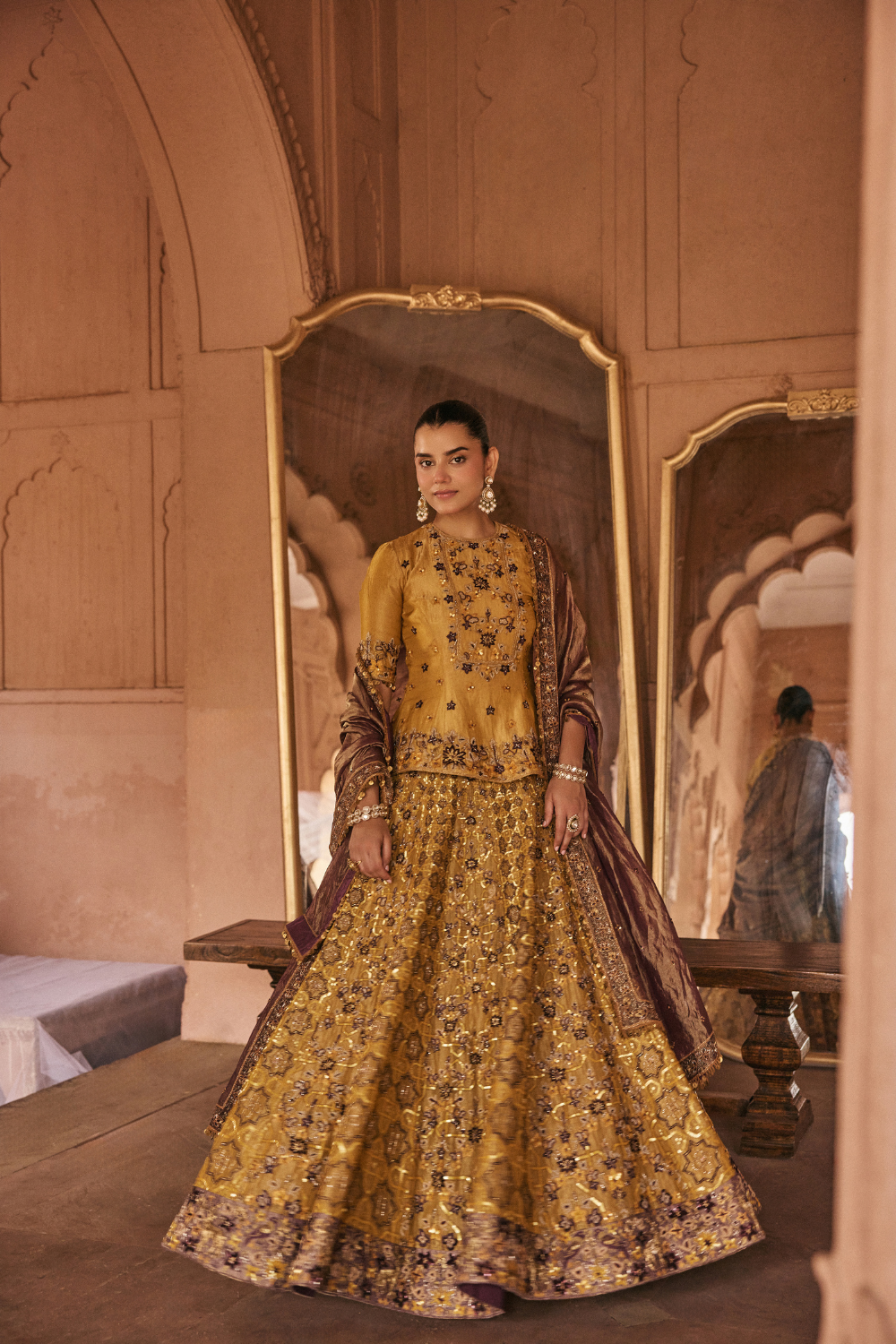 Yellow, Purple, hand embroidery, Dori, Tissue, Lehenga Set