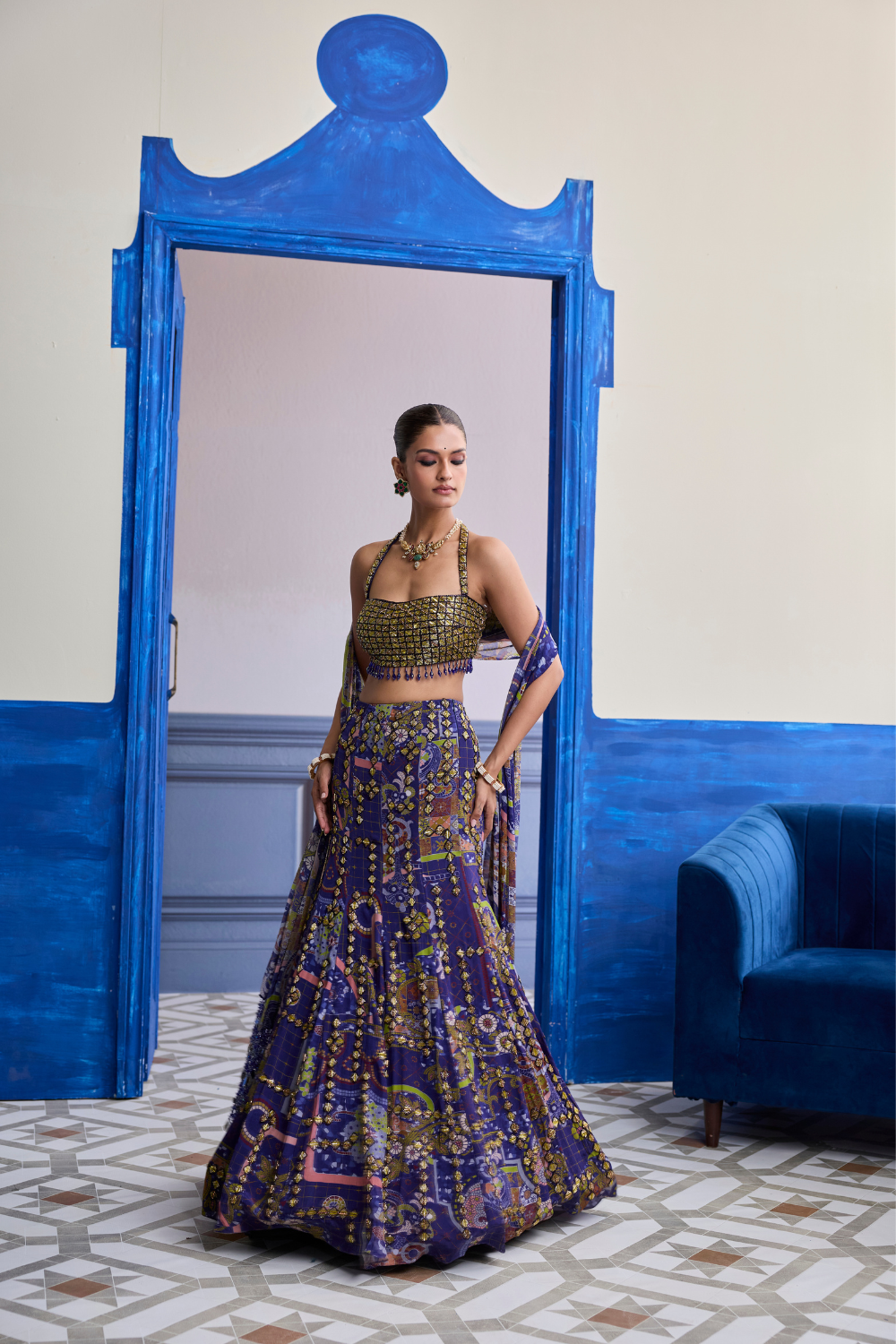 Neon Green Embroidered Blouse with Mermaid Skirt & Tassel Dupatta Set