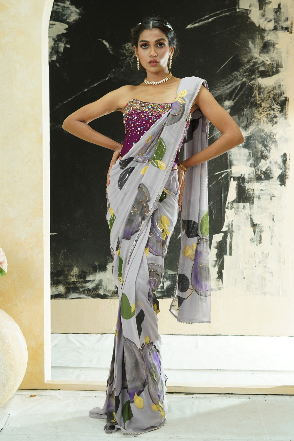 Periwinkle hand painted saree and corset set