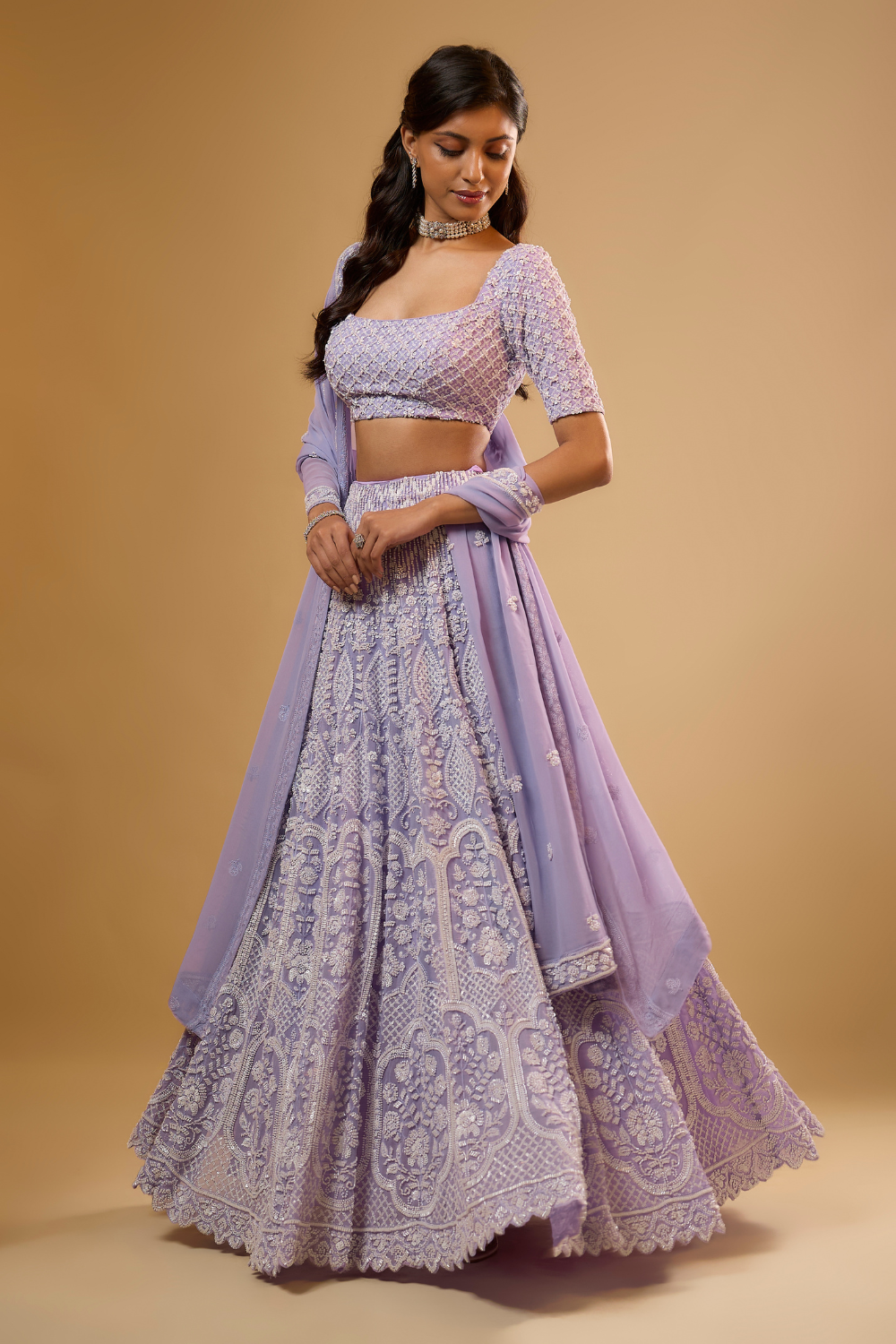 Lavender georgette lehenga set with sequins & glass beads