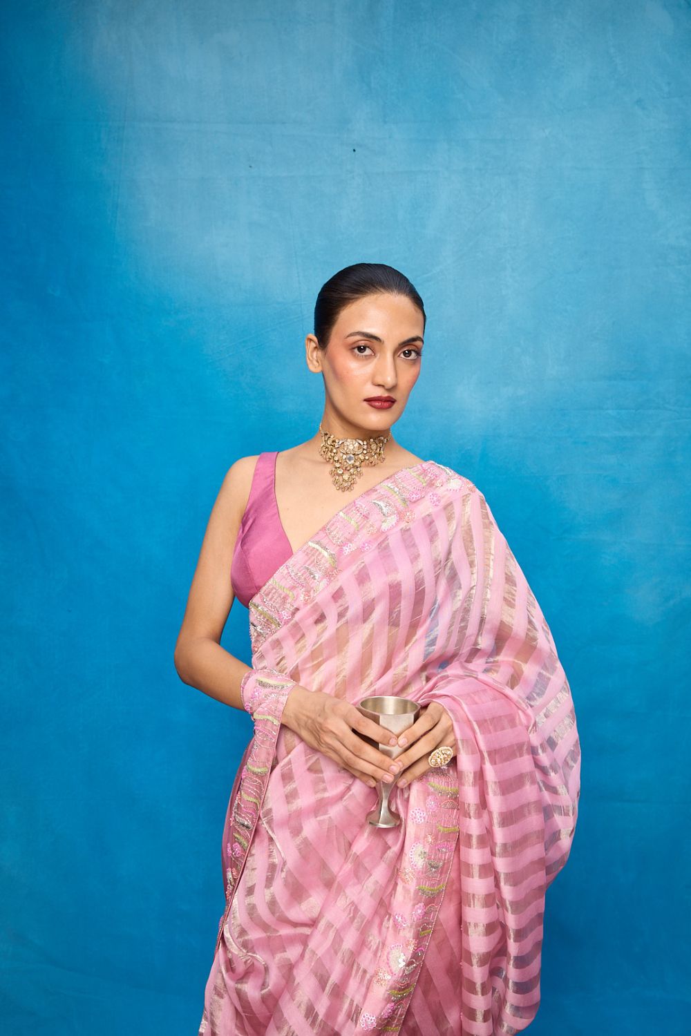 Handwoven Pink Tissue Embroidered Saree
