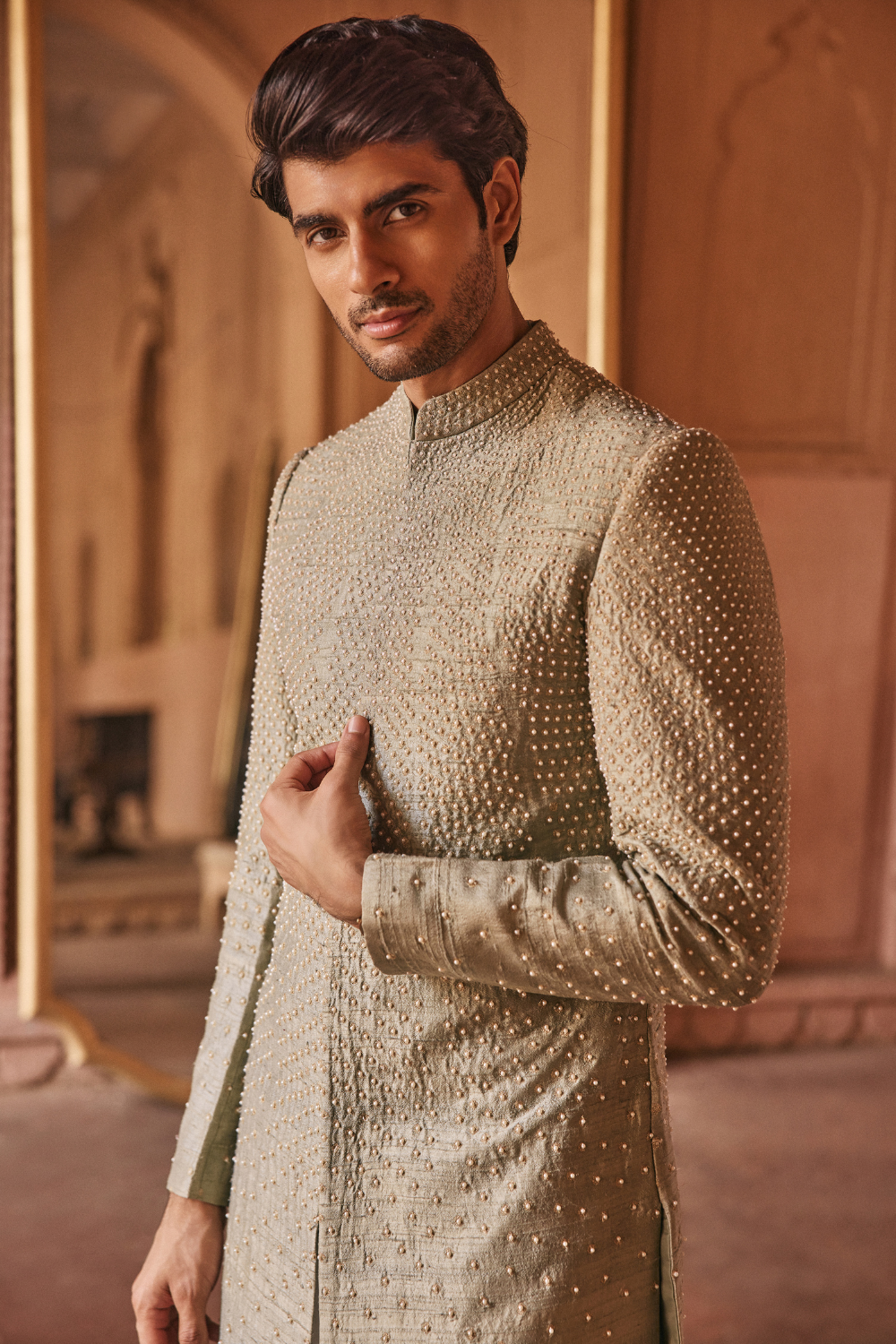 Sage green, raw silk, zari, sherwani ensemble