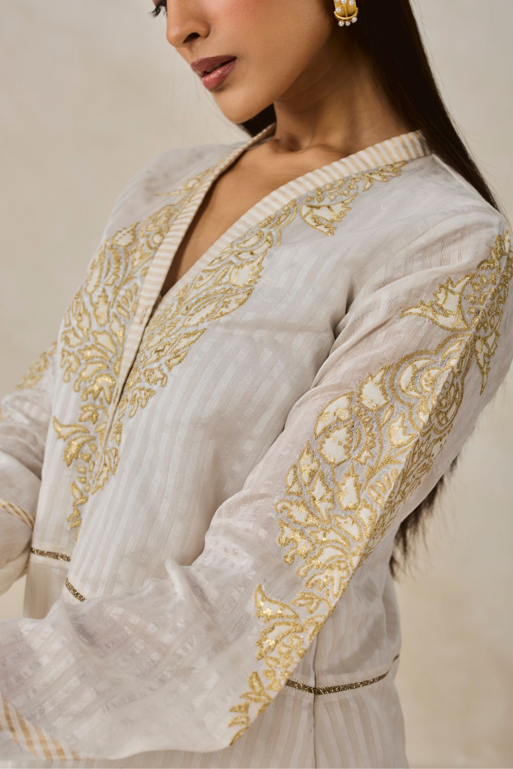 Chanderi Front Open Assymetrical Kurta With Pant