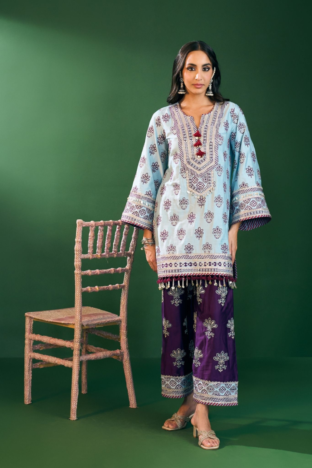 Lani Pima Satin Sky Blue Kurta with Farshi Salwar