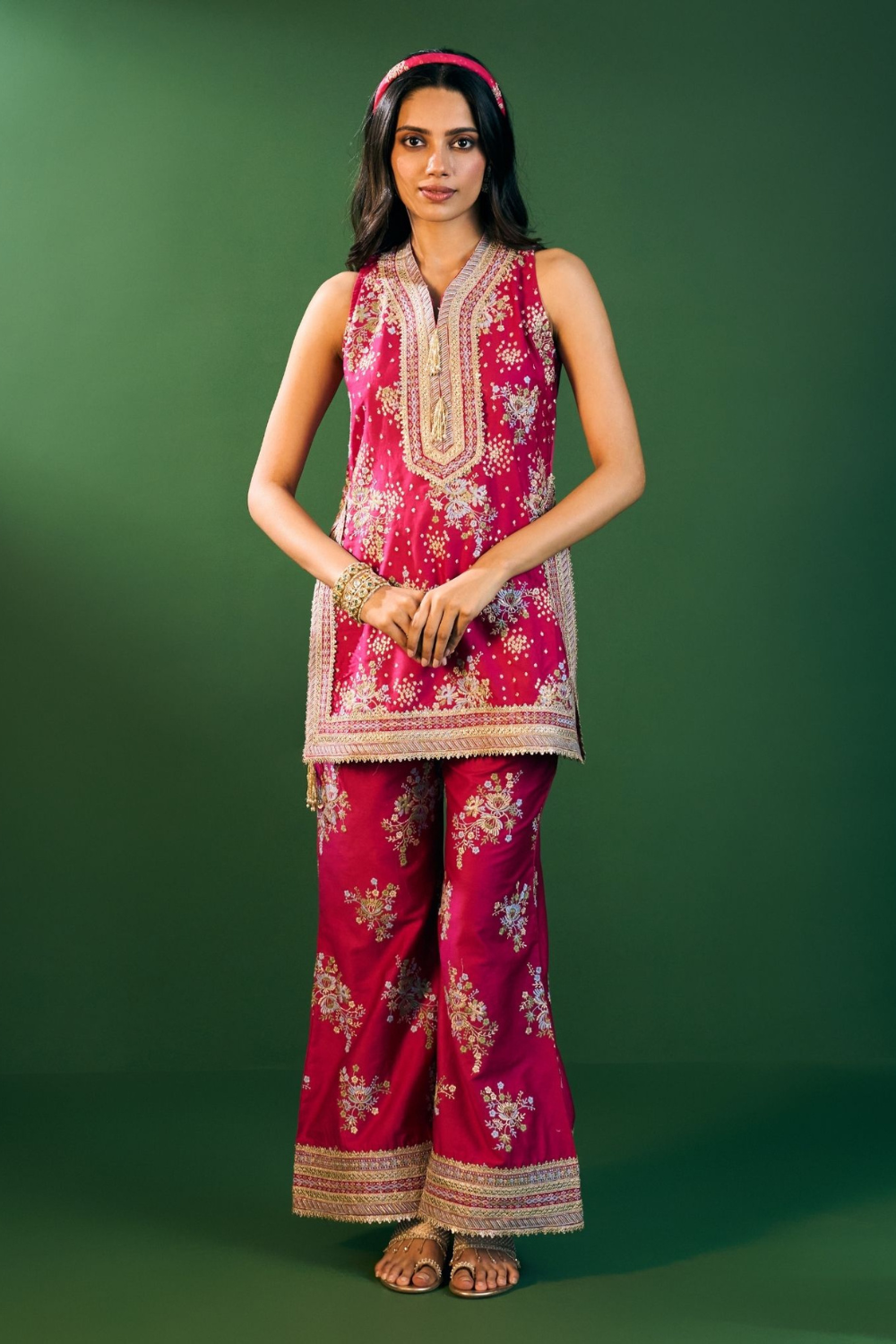 Lami Pima Satin Fuchsia Kurta With Flared Bell-Bottom Pants