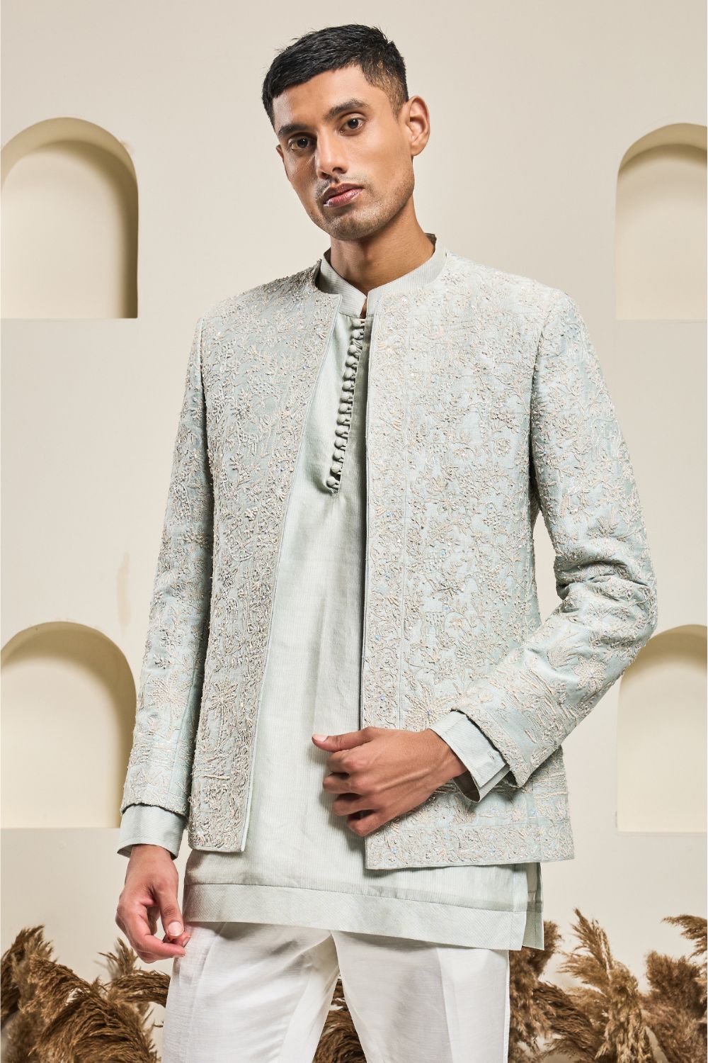 Iceblue open bandhgala   with thread , sequins & pearl  work