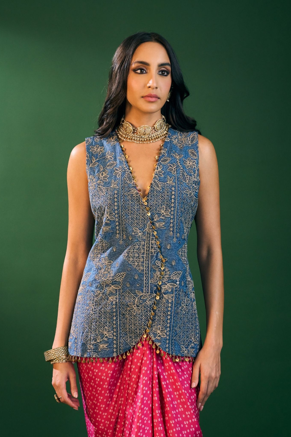 Lunira Denim Waistcoat With Cupro Satin Printed Fuschia Draped Skirt