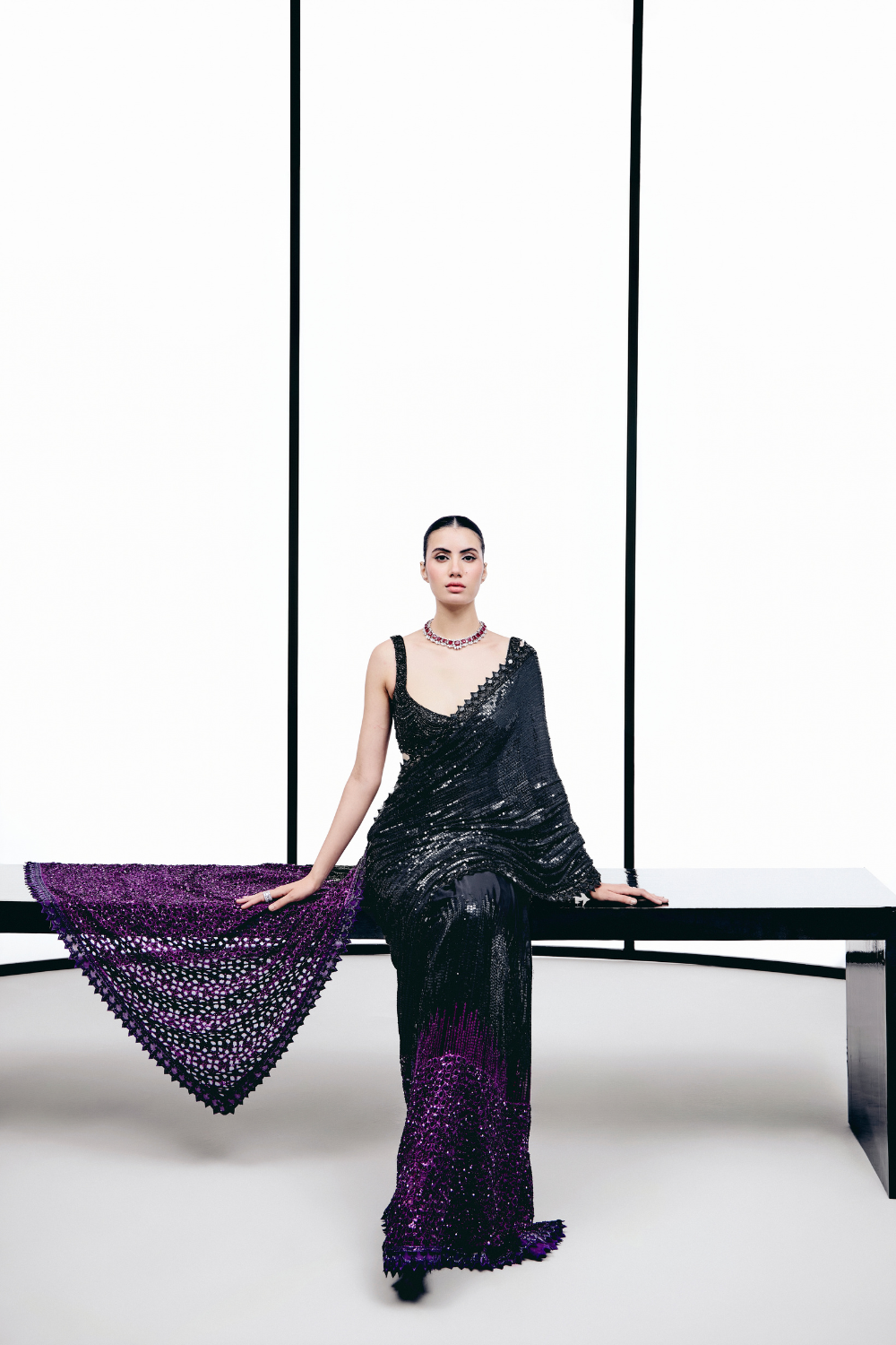 Black to Pruple Sequins Cutwork Saree Set