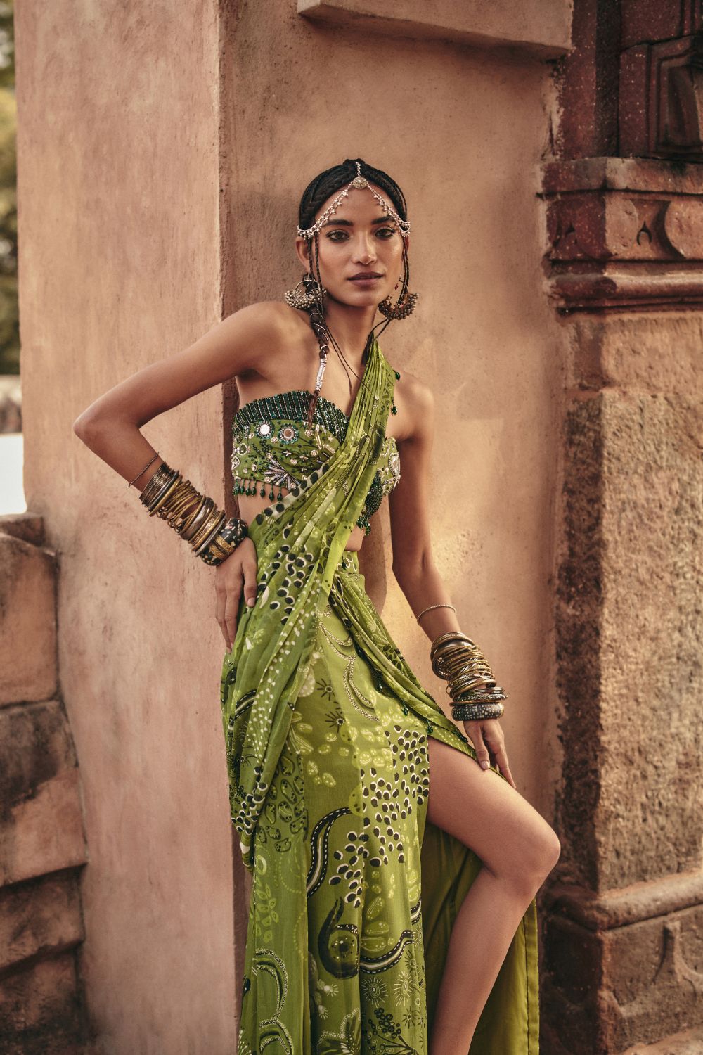 PEAR GREEN PRINTED AND HIGHLIGHTED PRE-DRAPED SLIT SKIRT SAREE SET