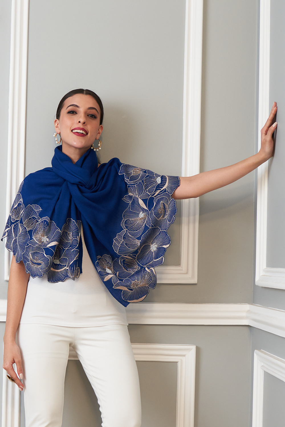 Poppy Affair | Embroidered Wool Silk Stole – True Blue