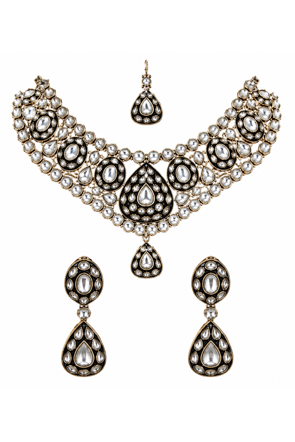 Gold Plated Kundan Polki Necklace Set with Maang Tikka and Earrings