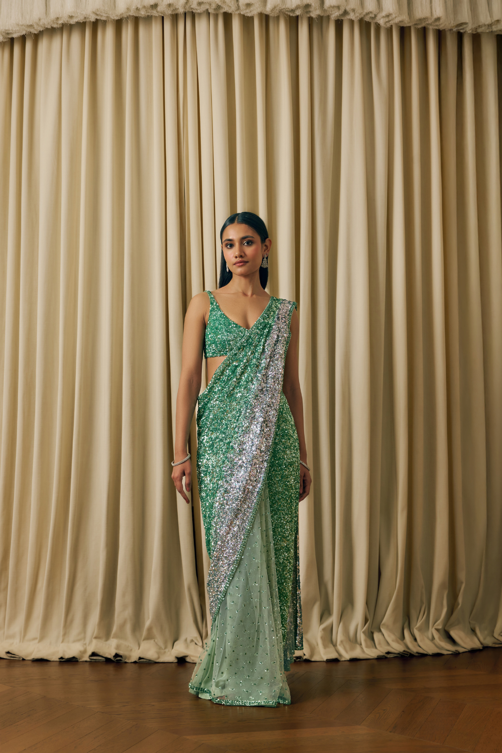 Mint silver ombre sequin saree