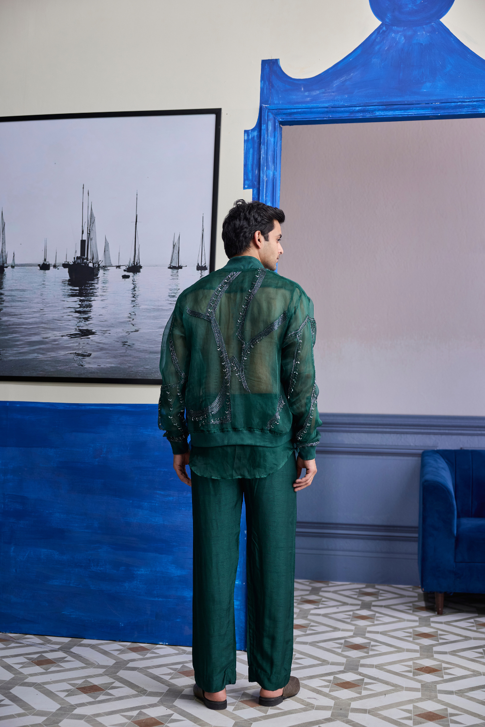 Dark Green Organza Kurta with Embroidered Organza Bomber Jacket Paired with Solid Pants