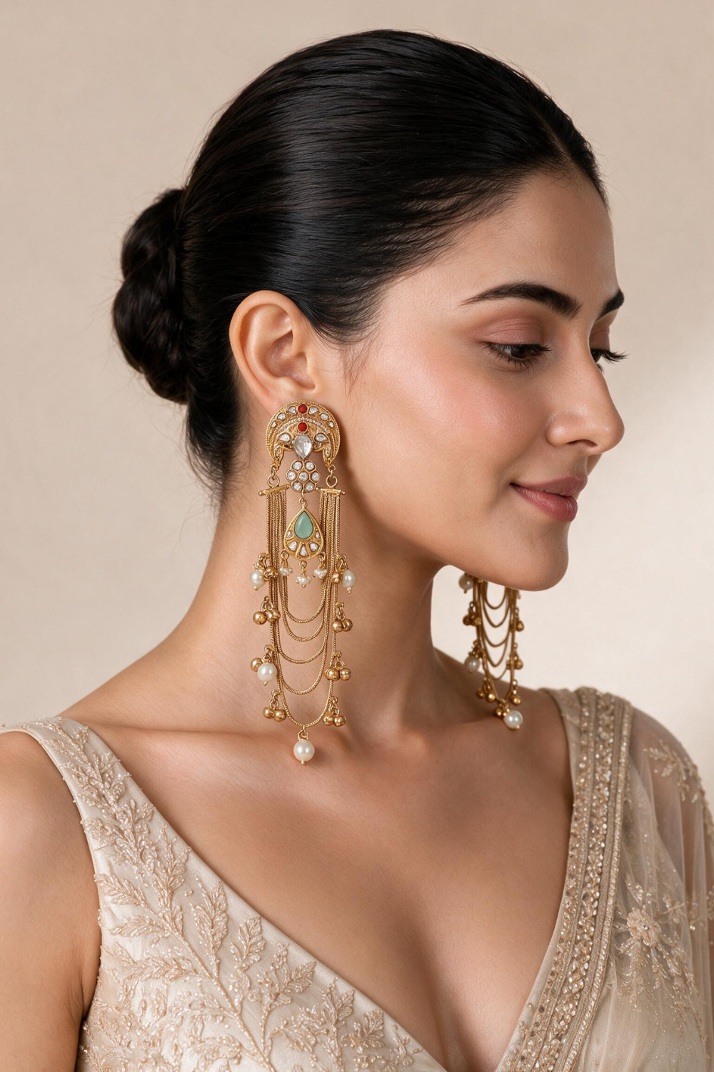Kundan Sage Green Chain Drop Statement Earrings