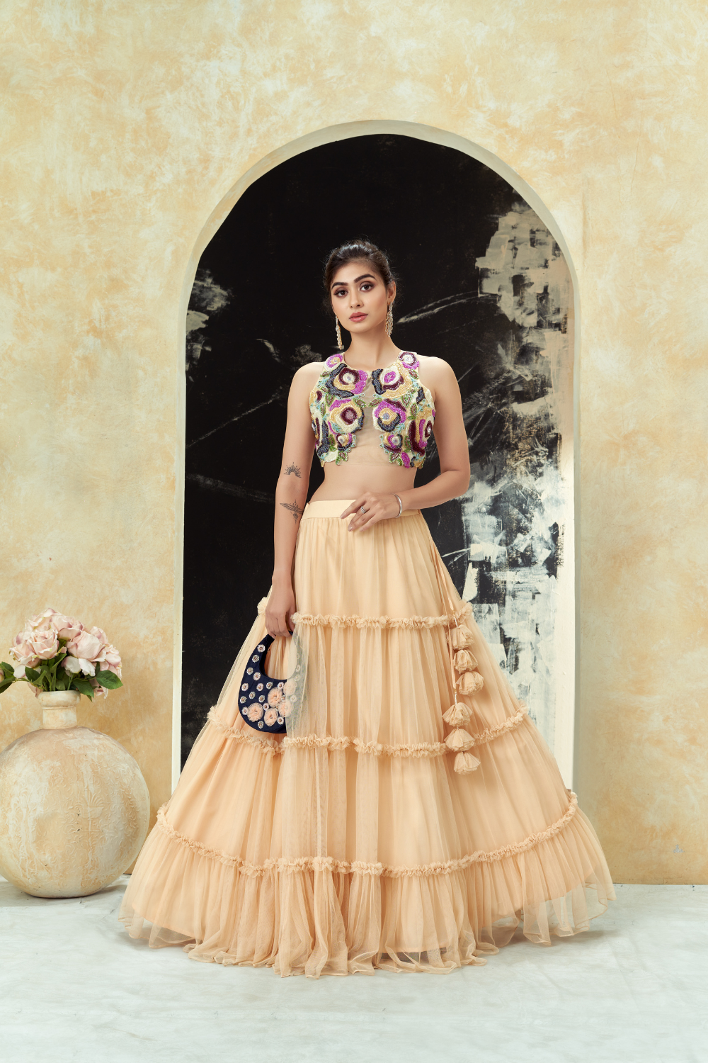 Multi-hued embroidered blouse and tier skirt set