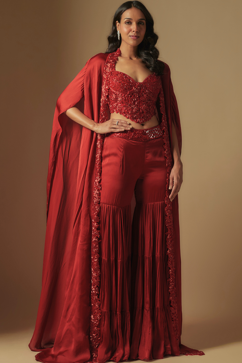 Pepper Hand Emb Blouse and Long cape  Paired With Sharara