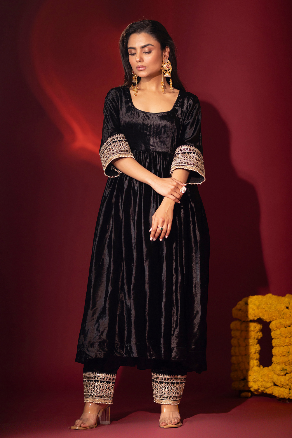 Black Silk Velvet Anarkali and Pants with  Organza Dupatta