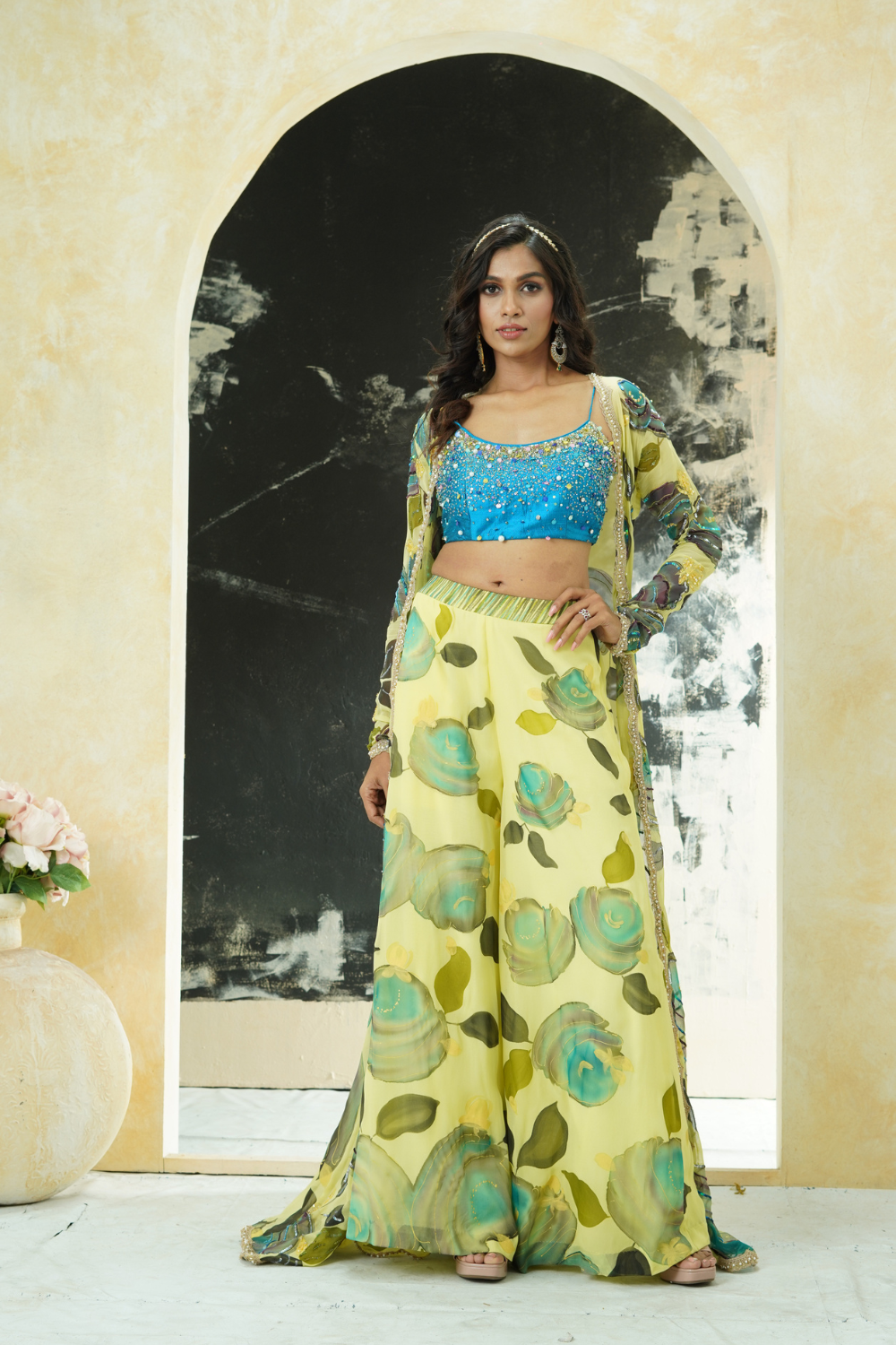 Lime Yellow hand painted palazzo and jacket set